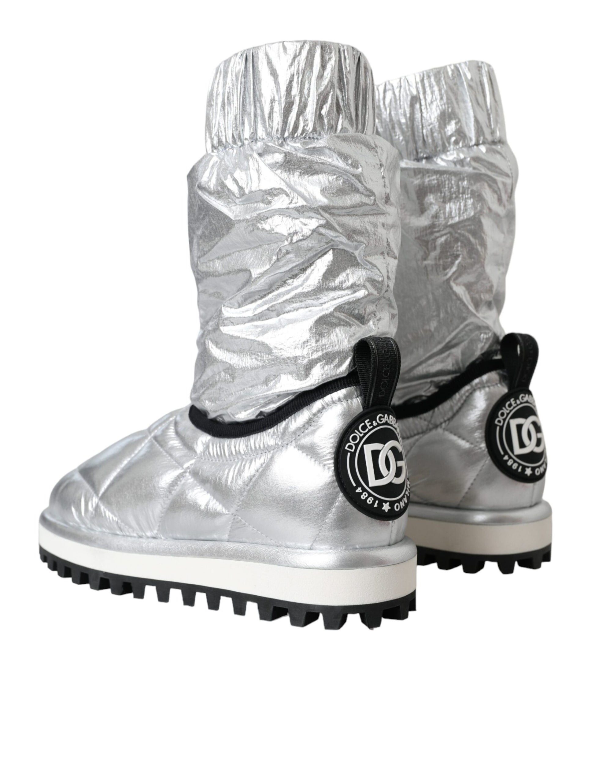 Dolce & Gabbana Metallic Silver Quilted Logo Patch Boot Shoes | Fashionsarah.com