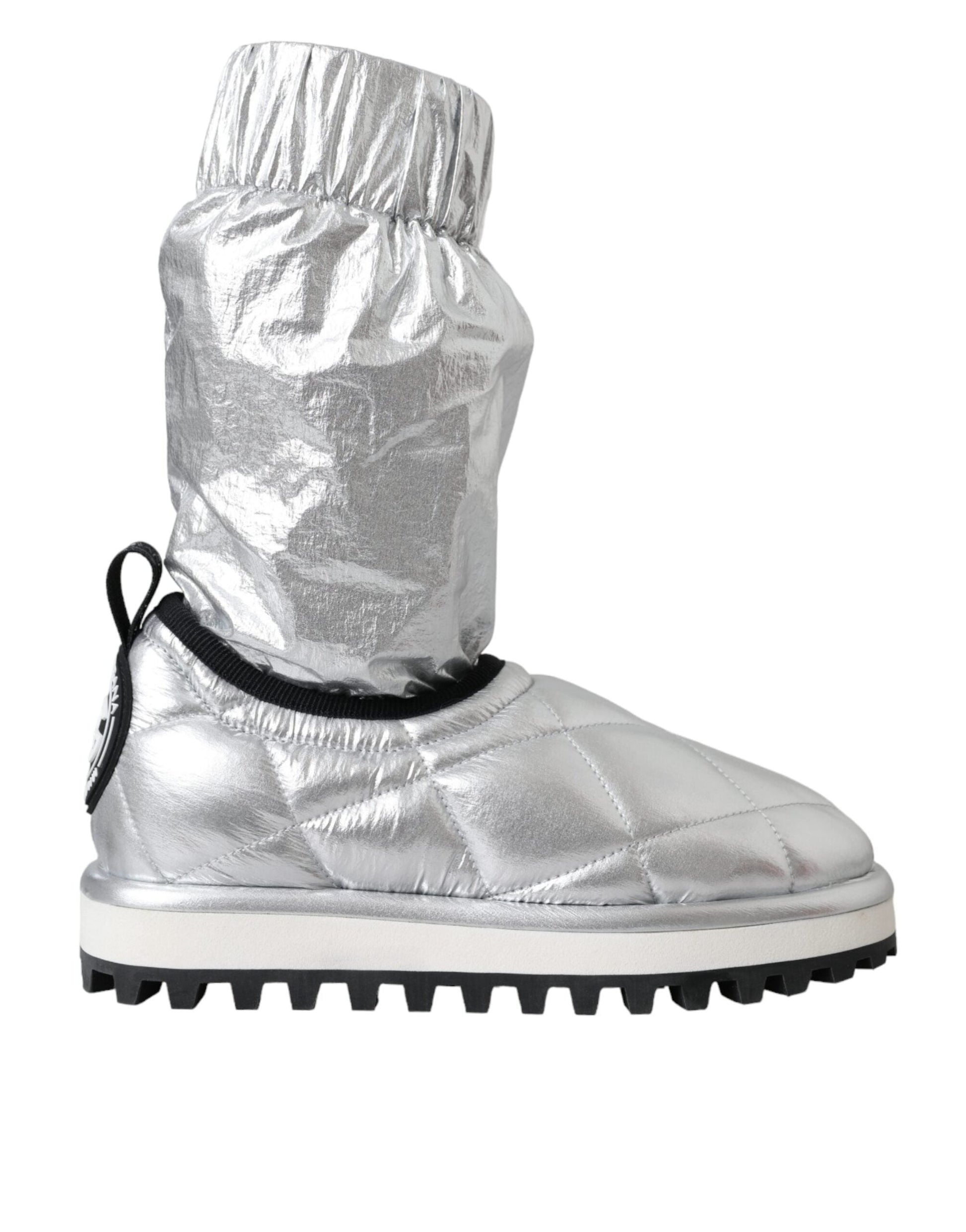 Dolce & Gabbana Metallic Silver Quilted Logo Patch Boot Shoes | Fashionsarah.com