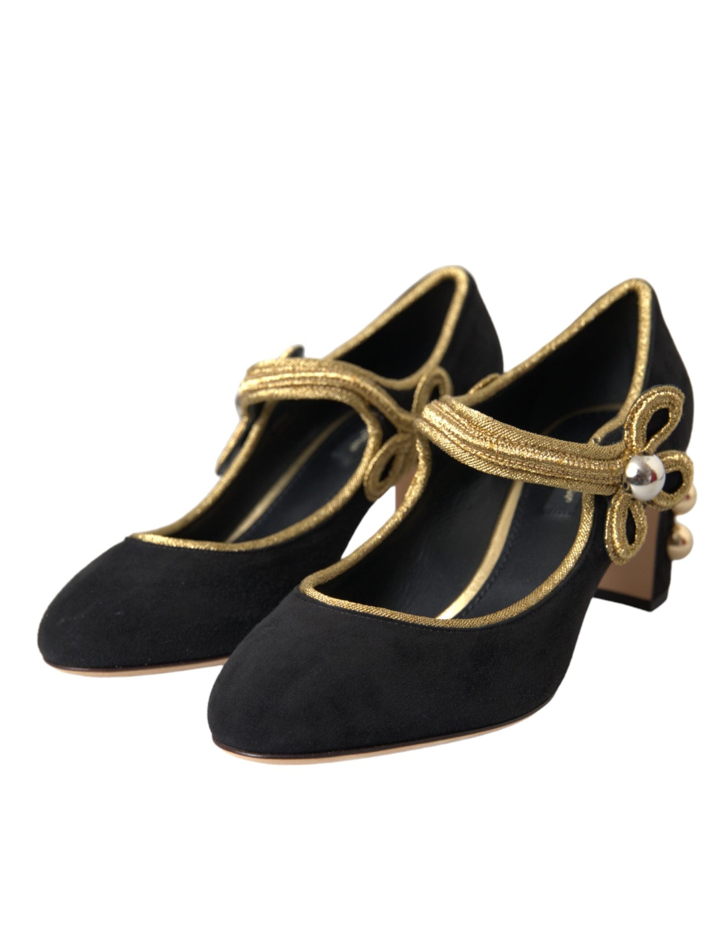 Dolce & Gabbana Black Suede Gold Mary Janes Heels Pumps Shoes | Fashionsarah.com