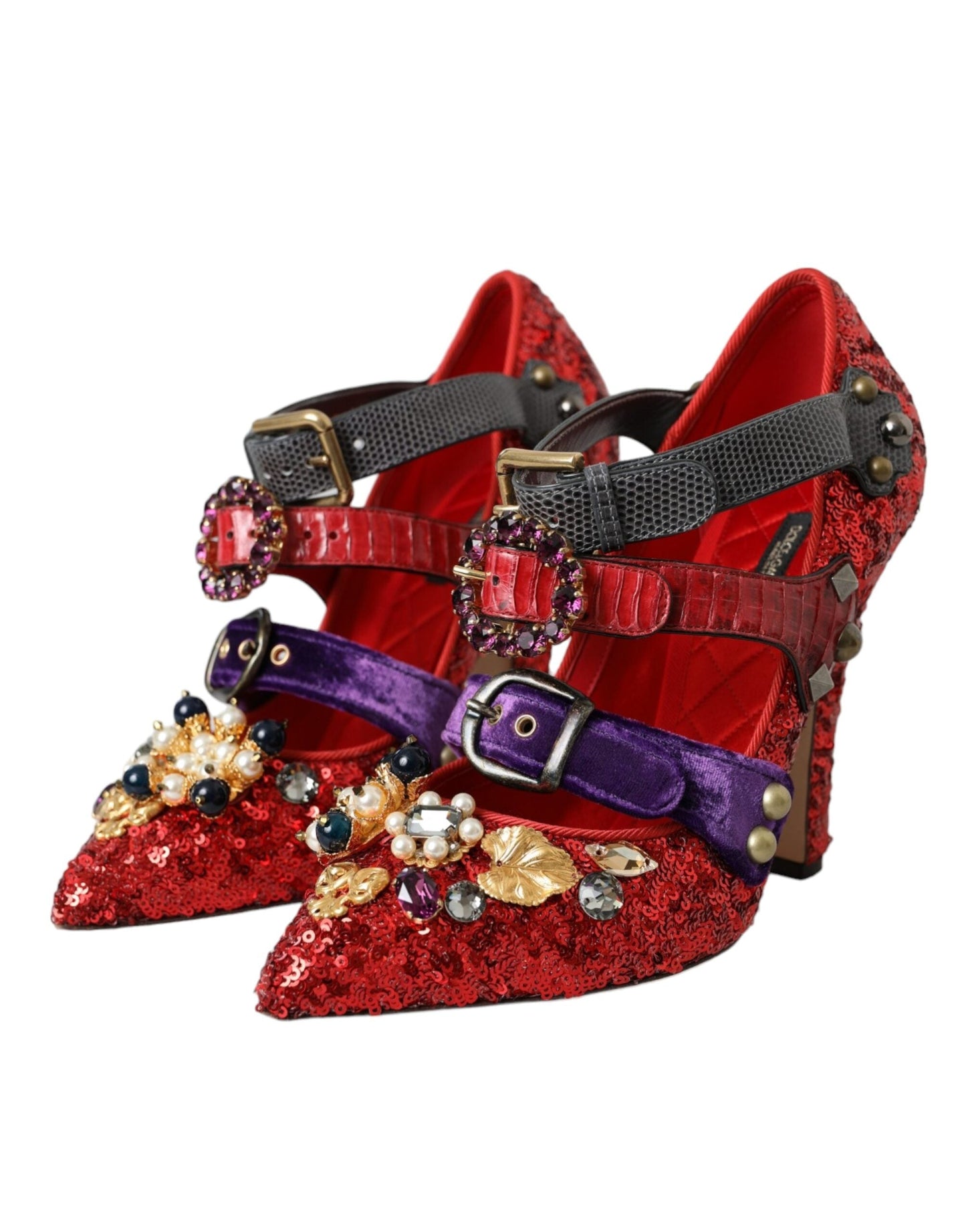 Dolce & Gabbana Red Sequined Crystal Mary Janes Pumps Shoes | Fashionsarah.com