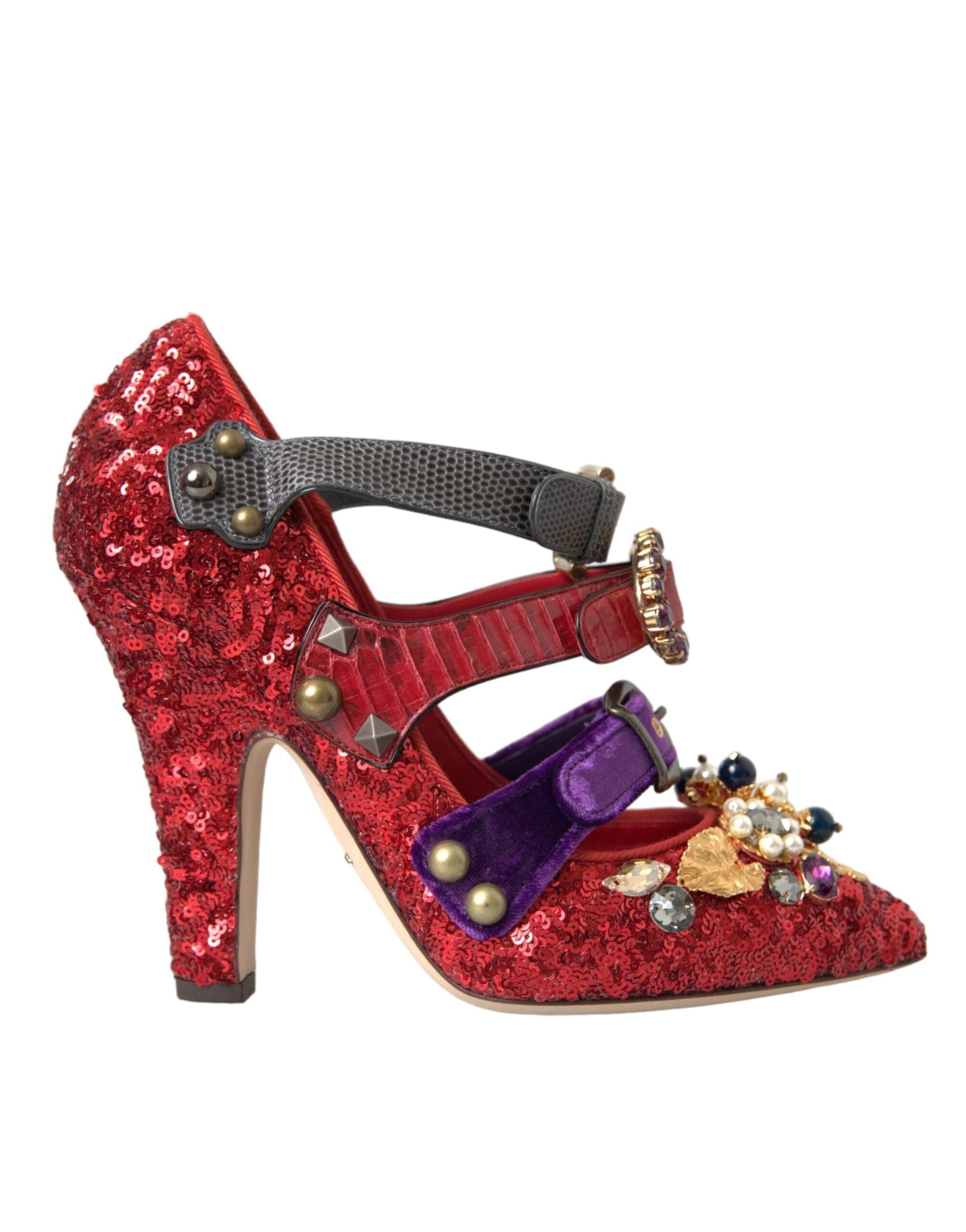 Dolce & Gabbana Red Sequined Crystal Mary Janes Pumps Shoes | Fashionsarah.com