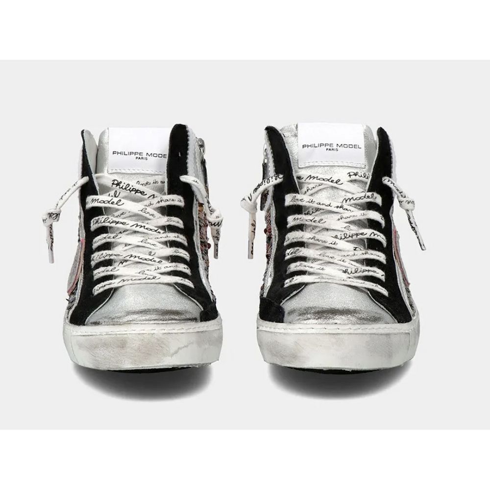 Fashionsarah.com Fashionsarah.com Philippe Model Elegant Gray Leather Sneakers with Sequin Details