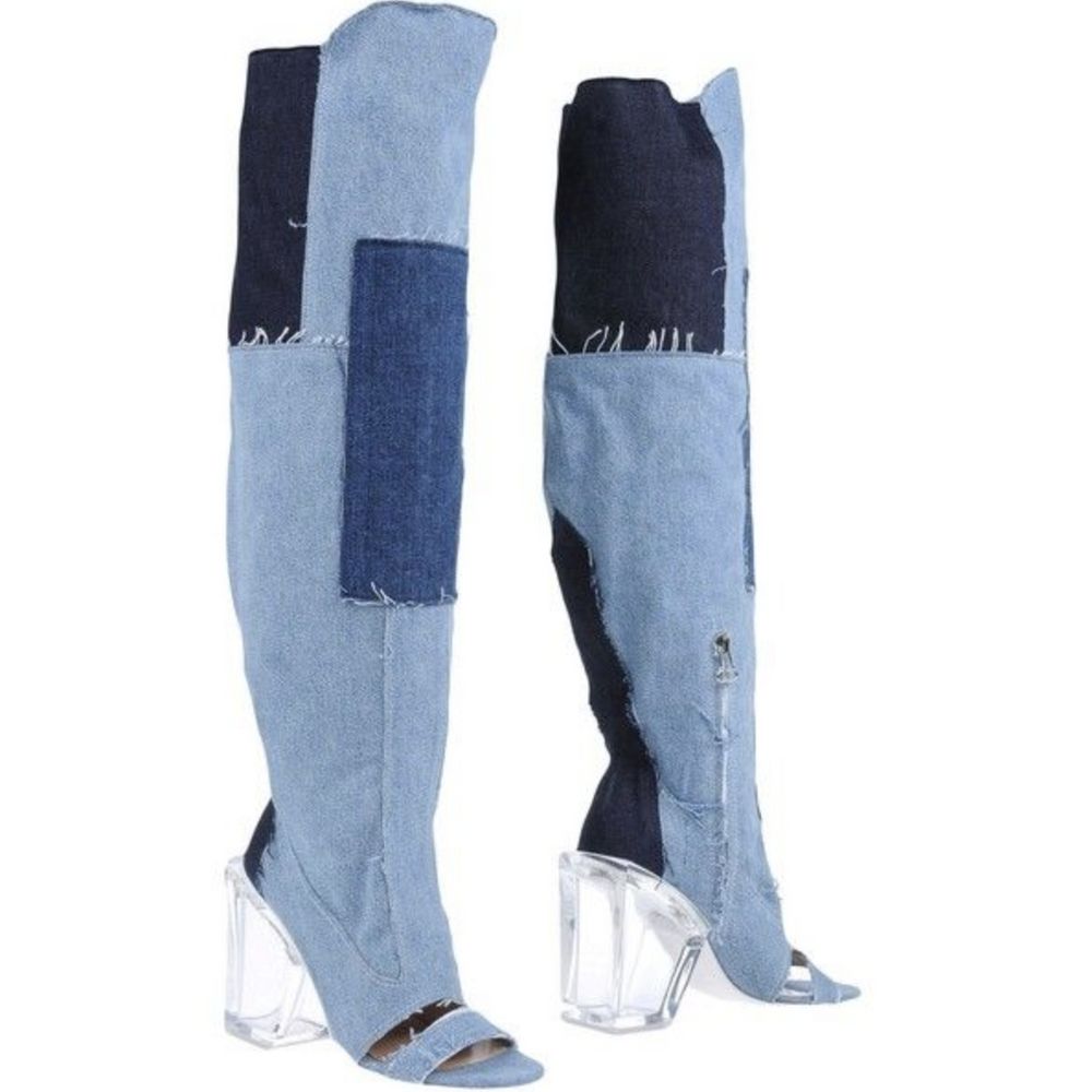 Off-White Chic Vintage Denim & Transparent Heel Boots | Fashionsarah.com