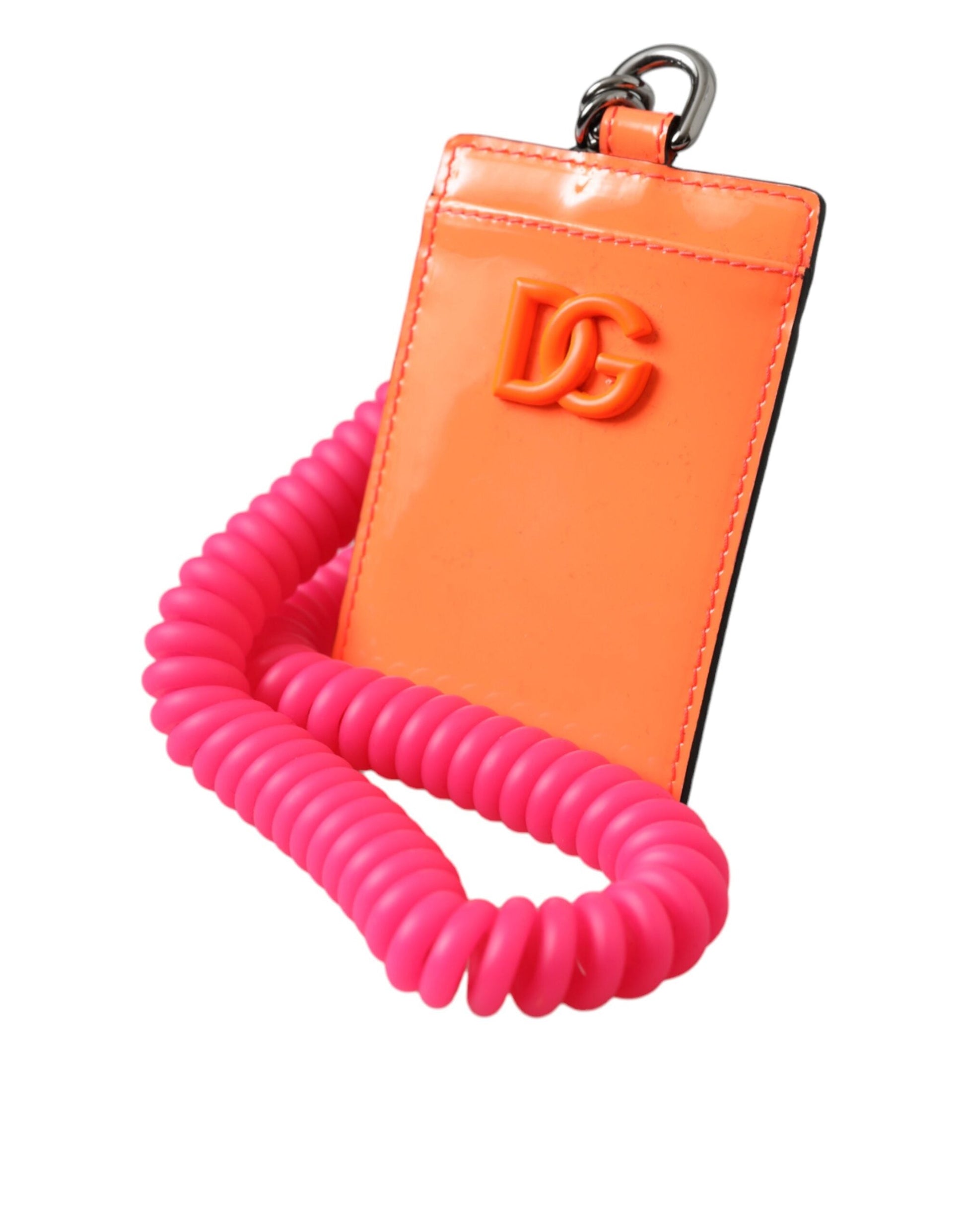 Dolce & Gabbana Orange Pink Leather DG Logo Neck Strap Card Holder Wallet | Fashionsarah.com