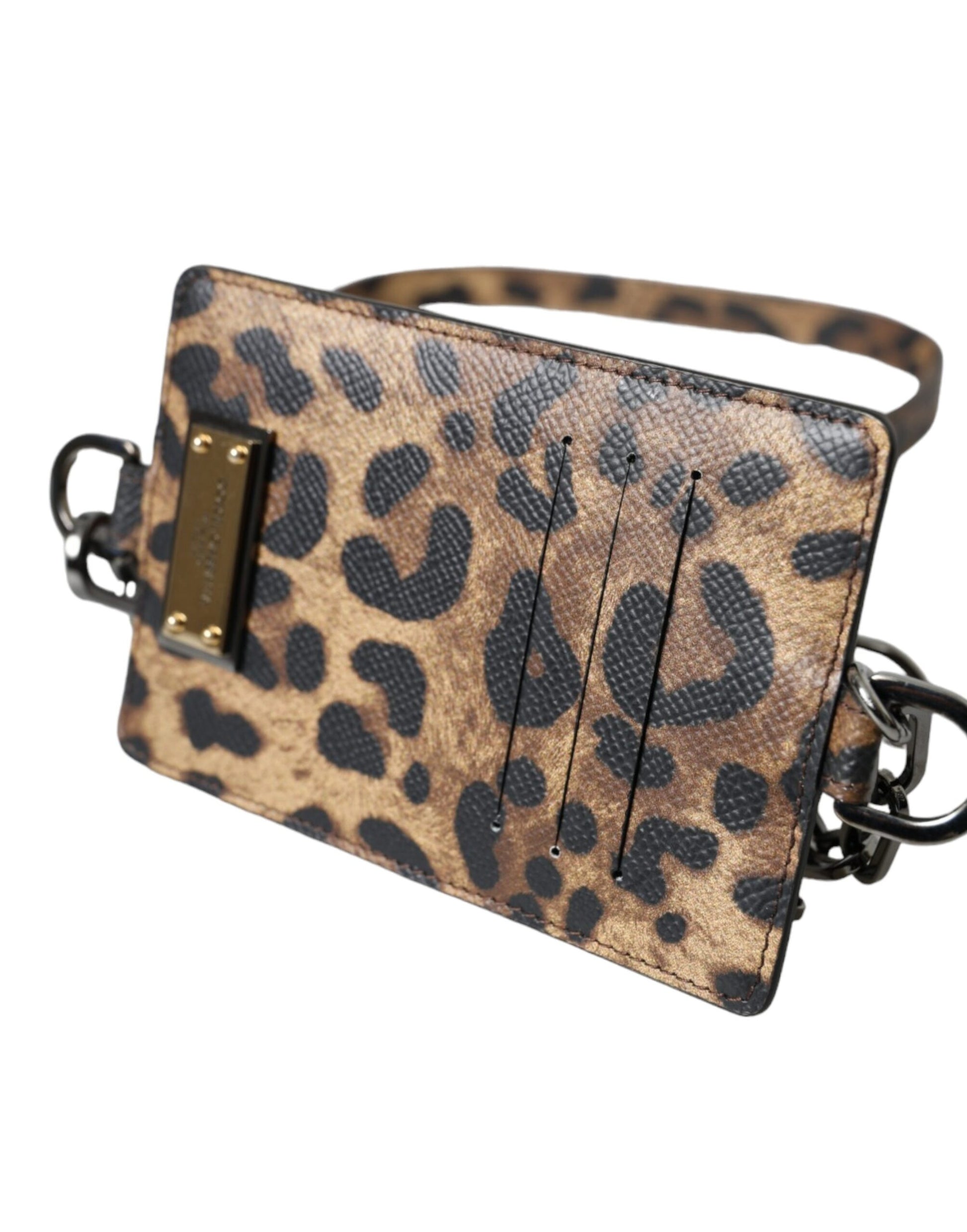 Dolce & Gabbana Brown Leather Leopard Print Logo Plaque Cardholder Wallet | Fashionsarah.com