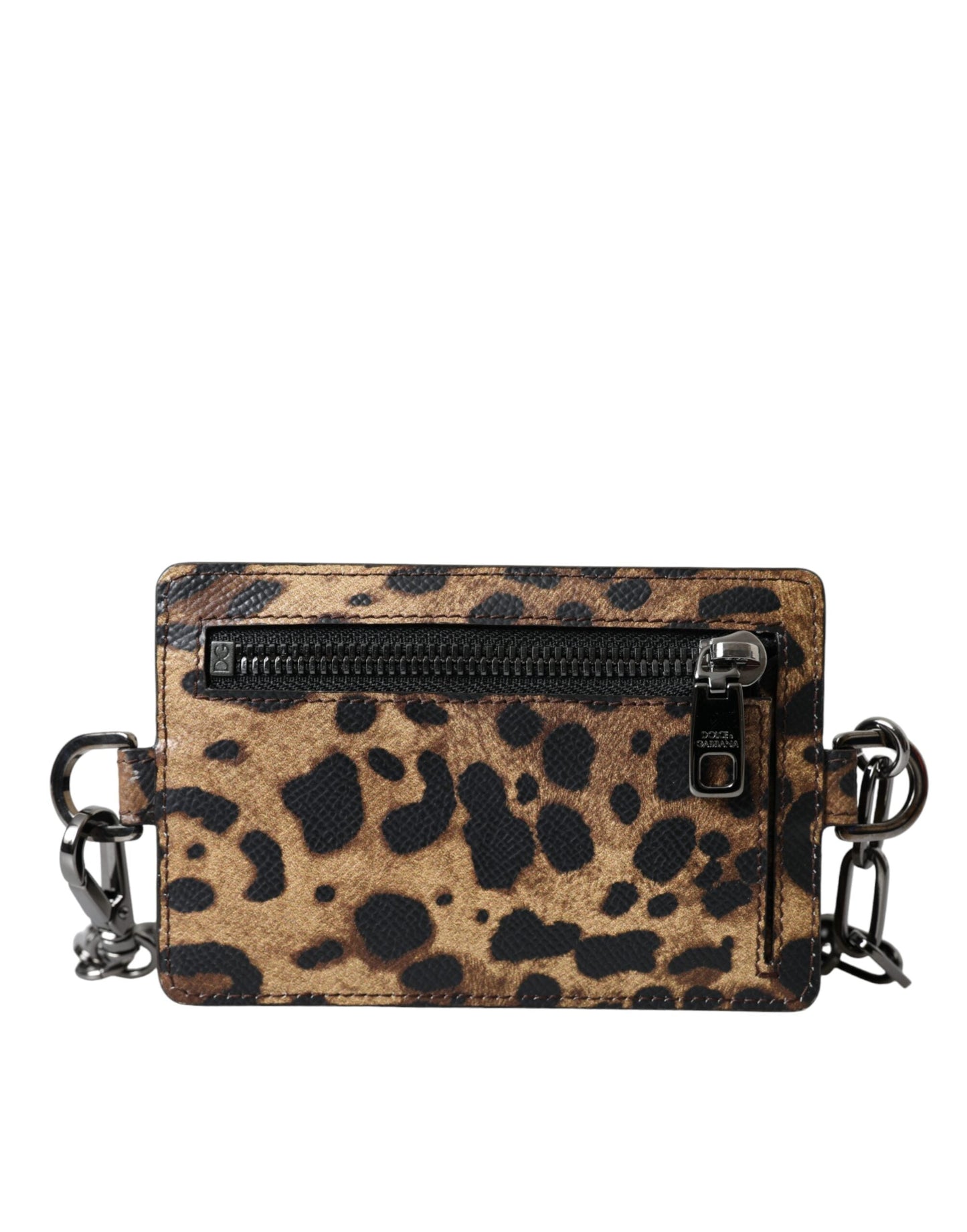 Dolce & Gabbana Brown Leather Leopard Print Logo Plaque Cardholder Wallet | Fashionsarah.com