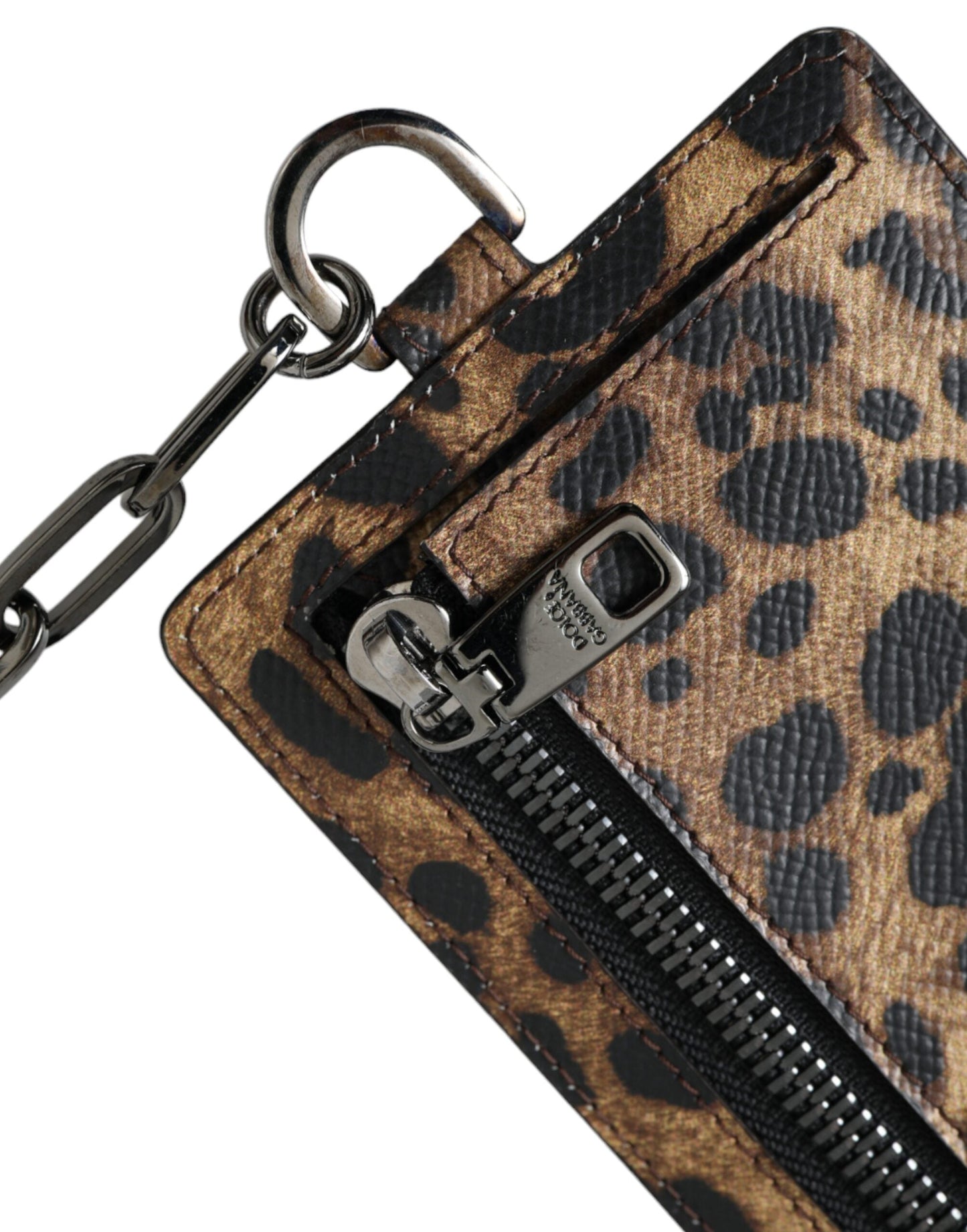 Dolce & Gabbana Brown Leather Leopard Print Logo Plaque Cardholder Wallet | Fashionsarah.com