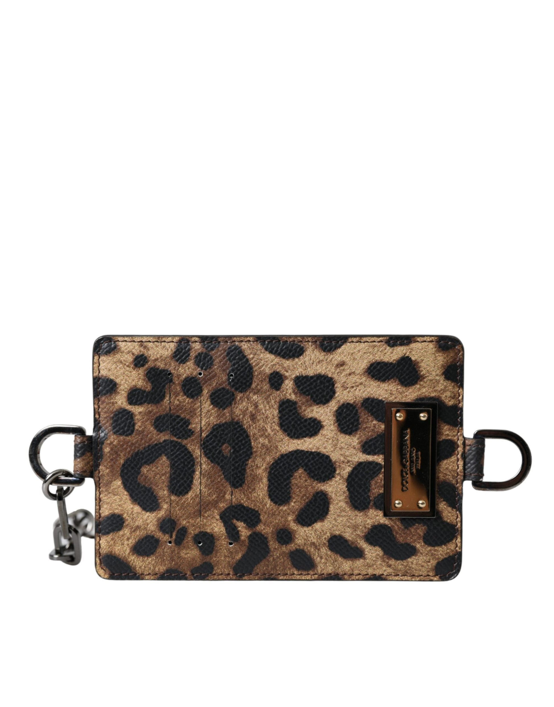 Dolce & Gabbana Brown Leather Leopard Print Logo Plaque Cardholder Wallet | Fashionsarah.com