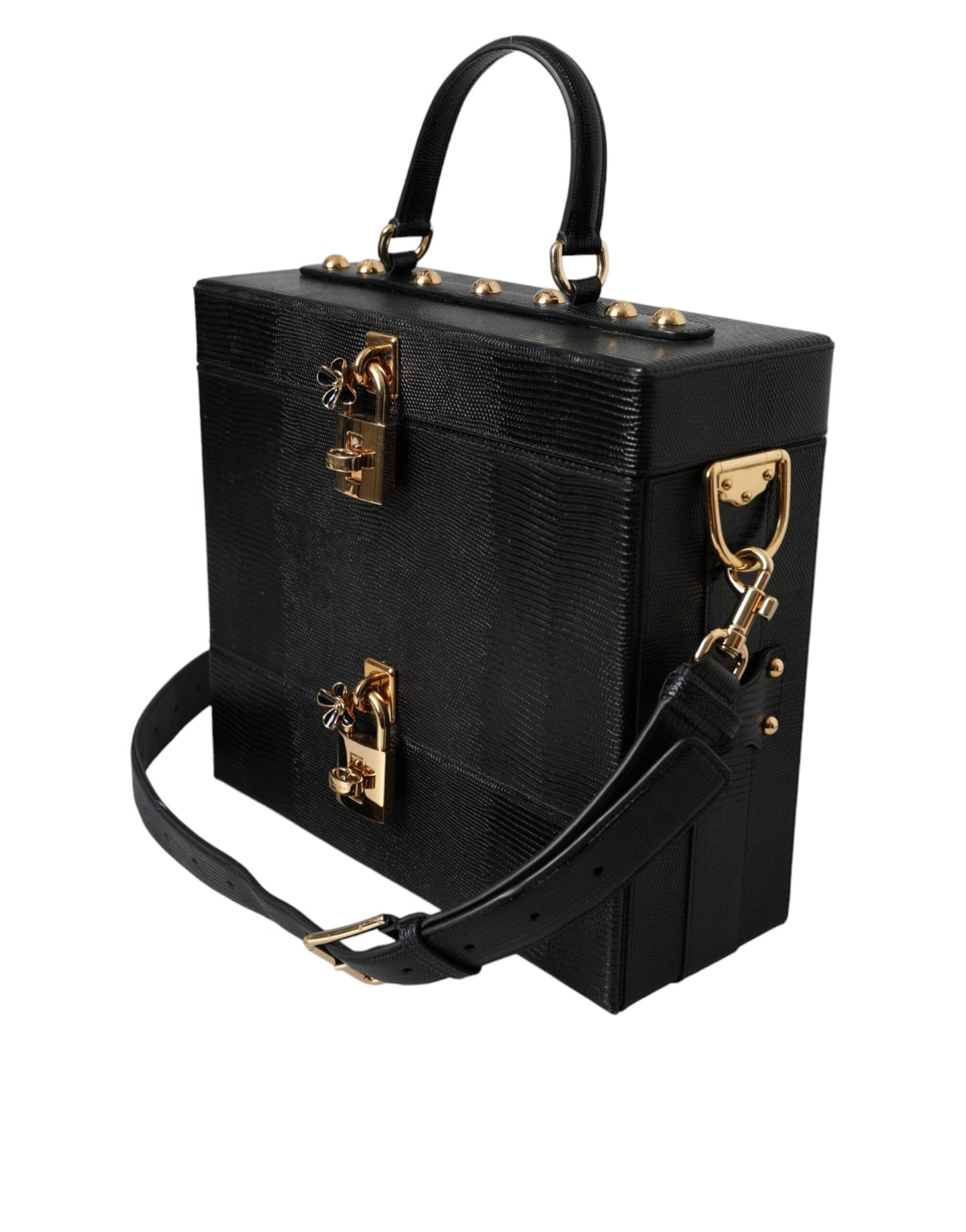 Dolce & Gabbana Black Lizard Embossed Calfskin Leather Double Box Bag | Fashionsarah.com