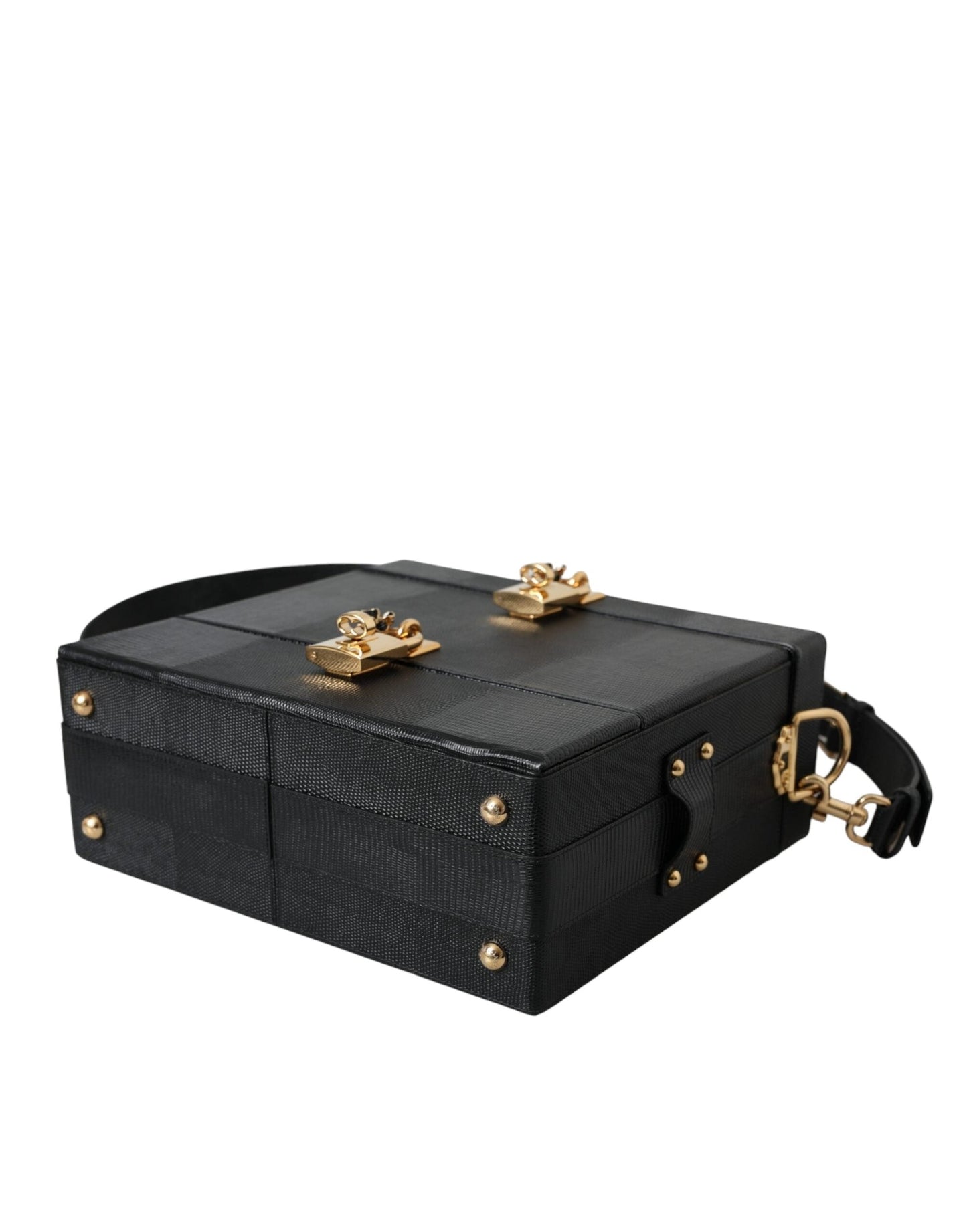 Dolce & Gabbana Black Lizard Embossed Calfskin Leather Double Box Bag | Fashionsarah.com