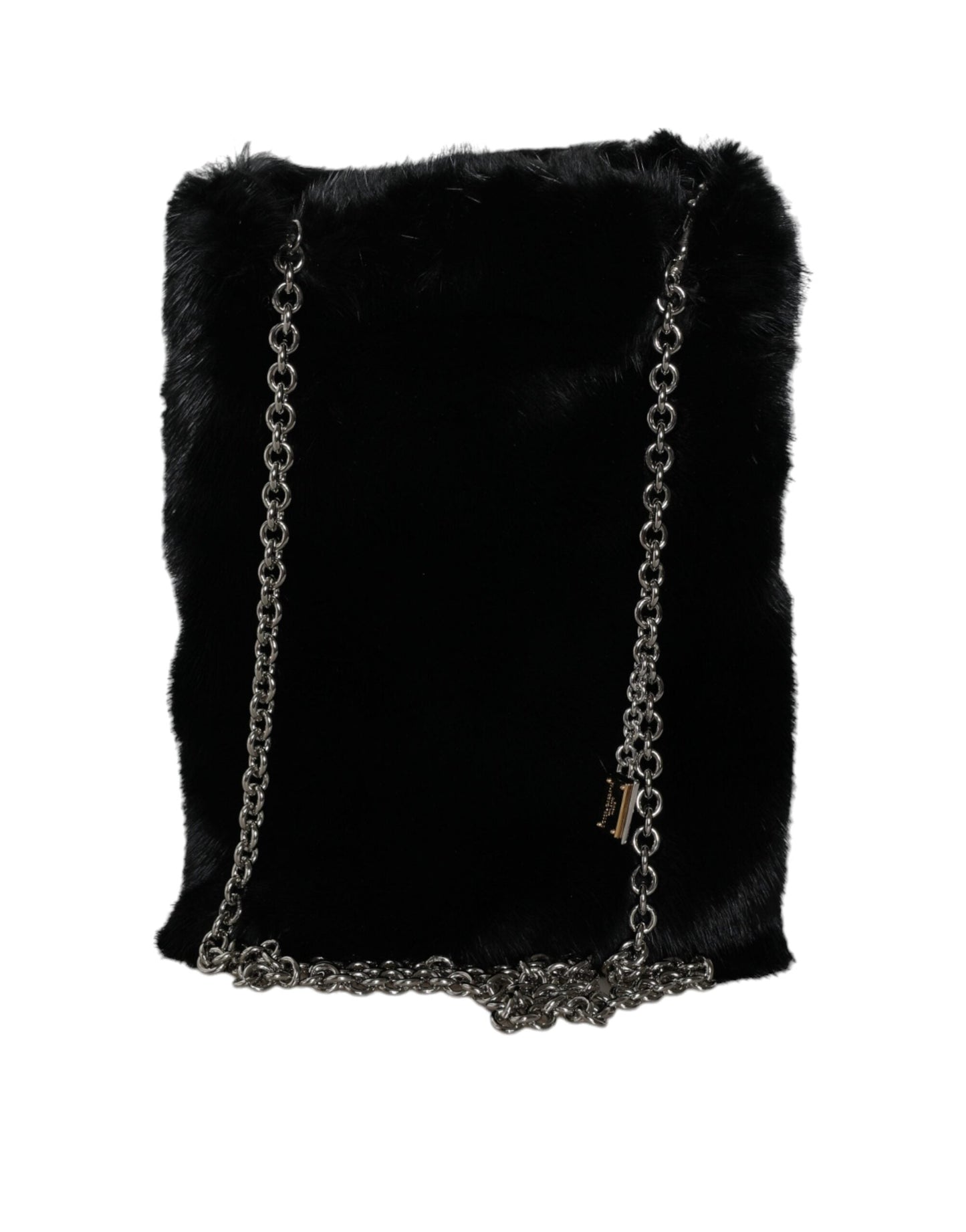 Dolce & Gabbana Black Faux Fur Silver Chain Crossbody Shoulder Purse Bag | Fashionsarah.com