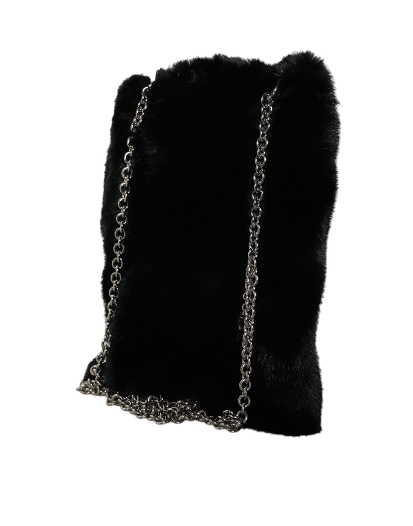 Dolce & Gabbana Black Faux Fur Silver Chain Crossbody Shoulder Purse Bag | Fashionsarah.com