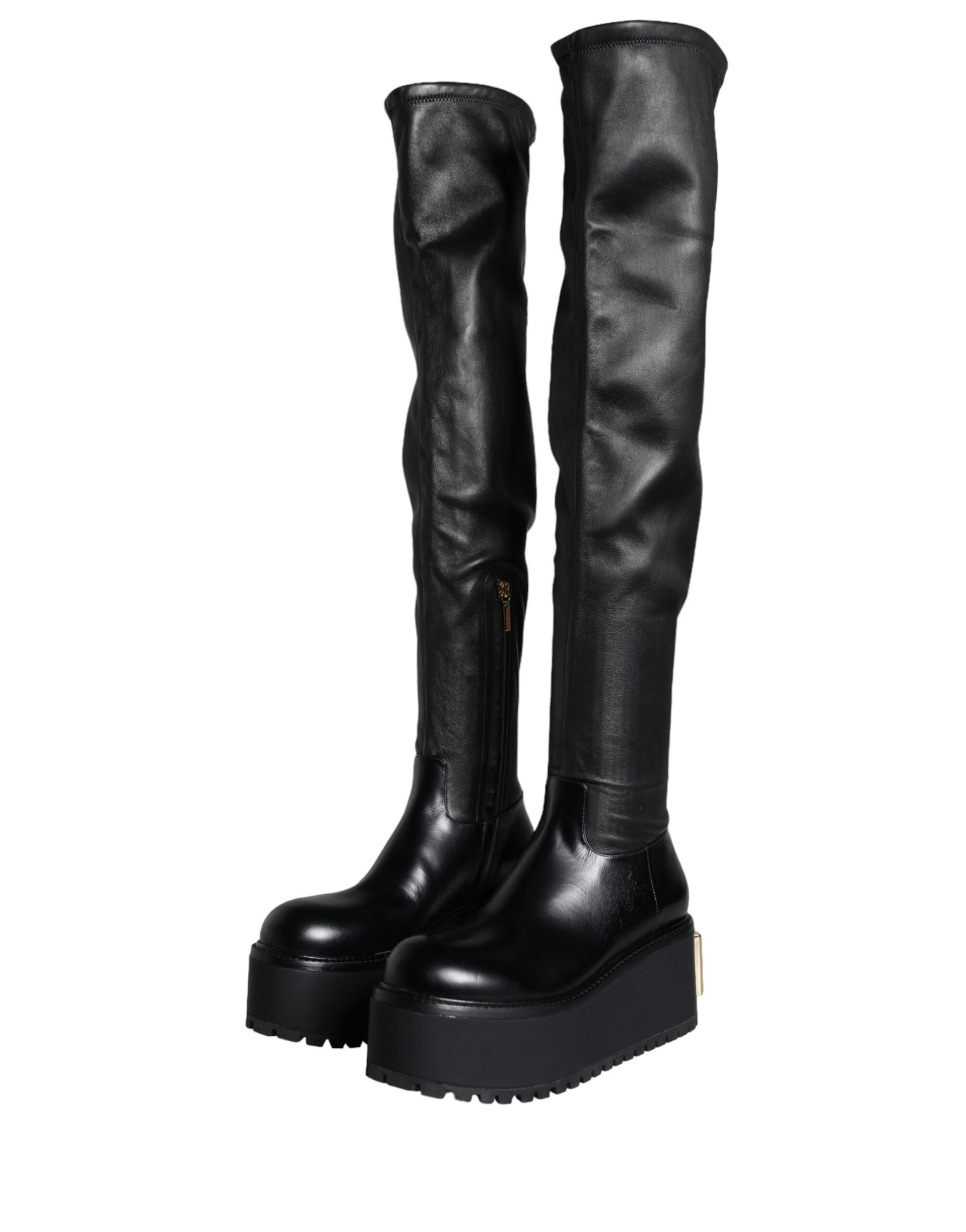 Fashionsarah.com Fashionsarah.com Dolce & Gabbana Black Leather Logo Knee High Boots Shoes