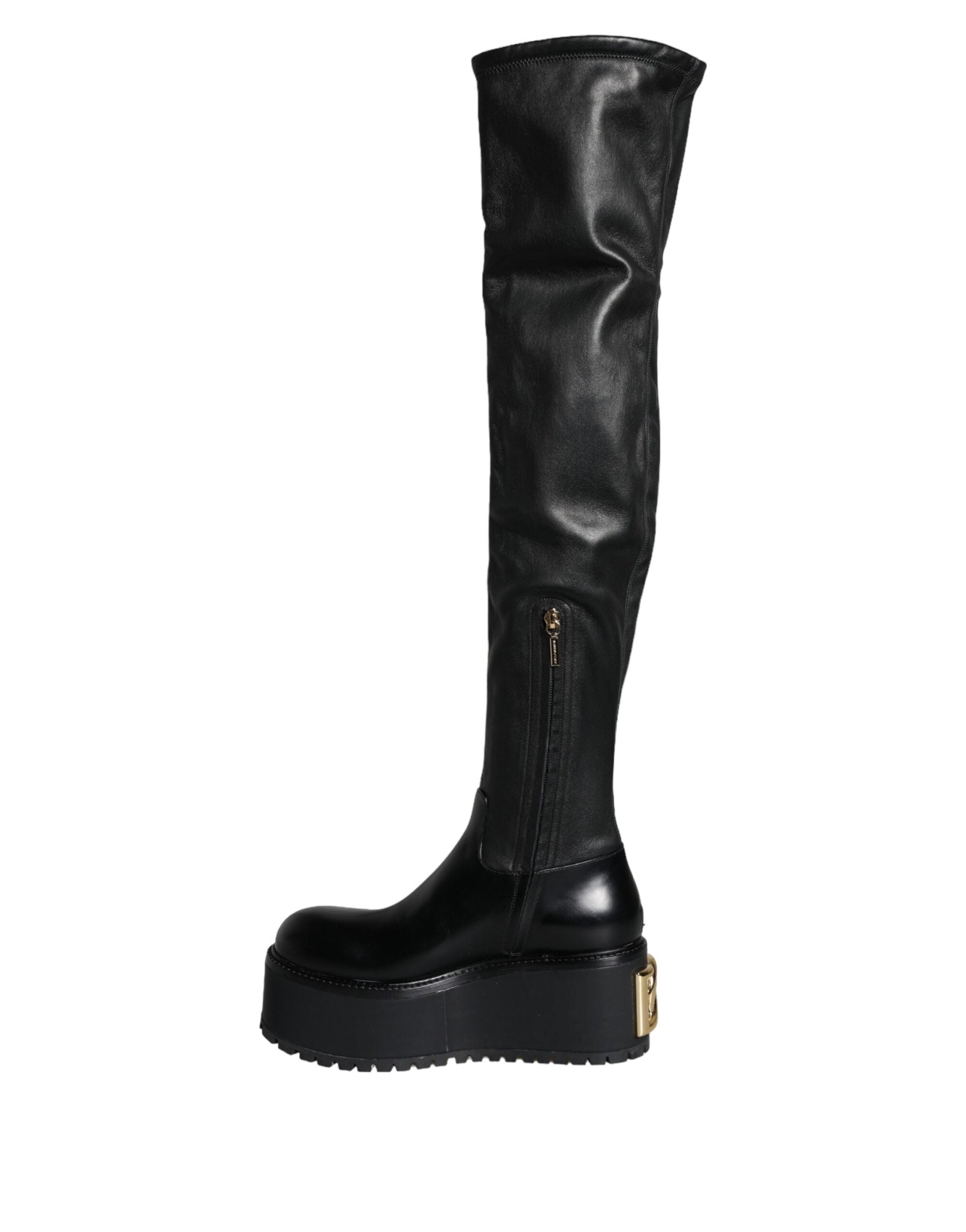 Fashionsarah.com Fashionsarah.com Dolce & Gabbana Black Leather Logo Knee High Boots Shoes