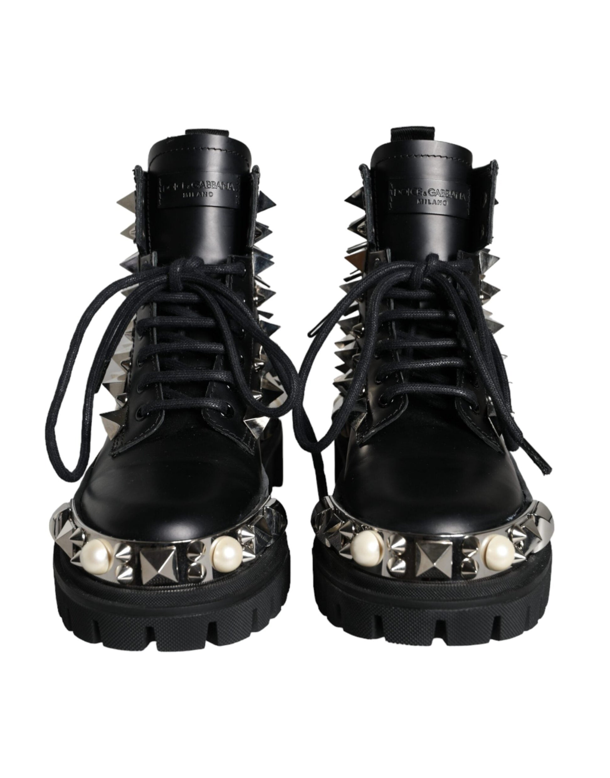 Fashionsarah.com Fashionsarah.com Dolce & Gabbana Black Leather Studs Embellished Combat Boots Shoes