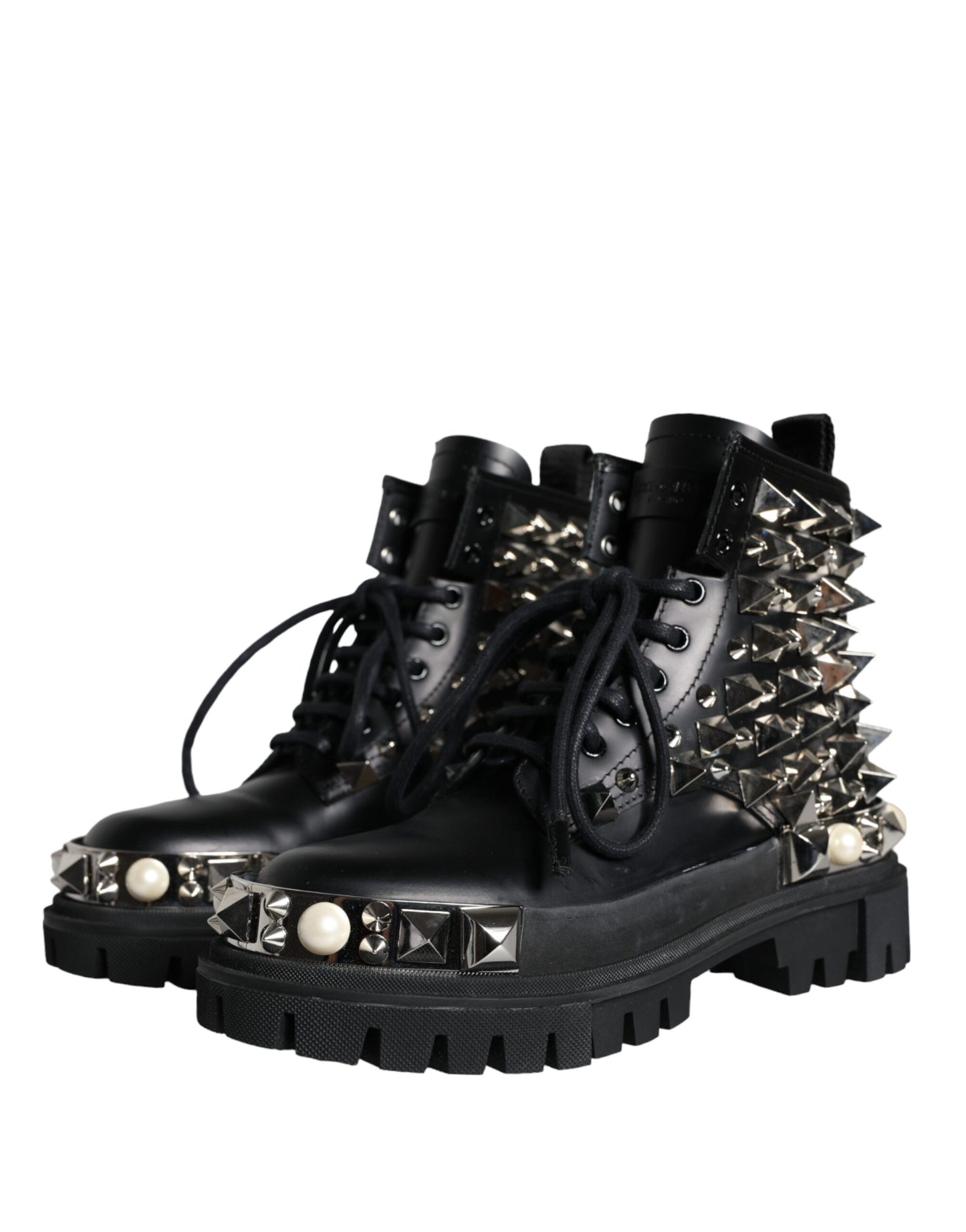 Fashionsarah.com Fashionsarah.com Dolce & Gabbana Black Leather Studs Embellished Combat Boots Shoes