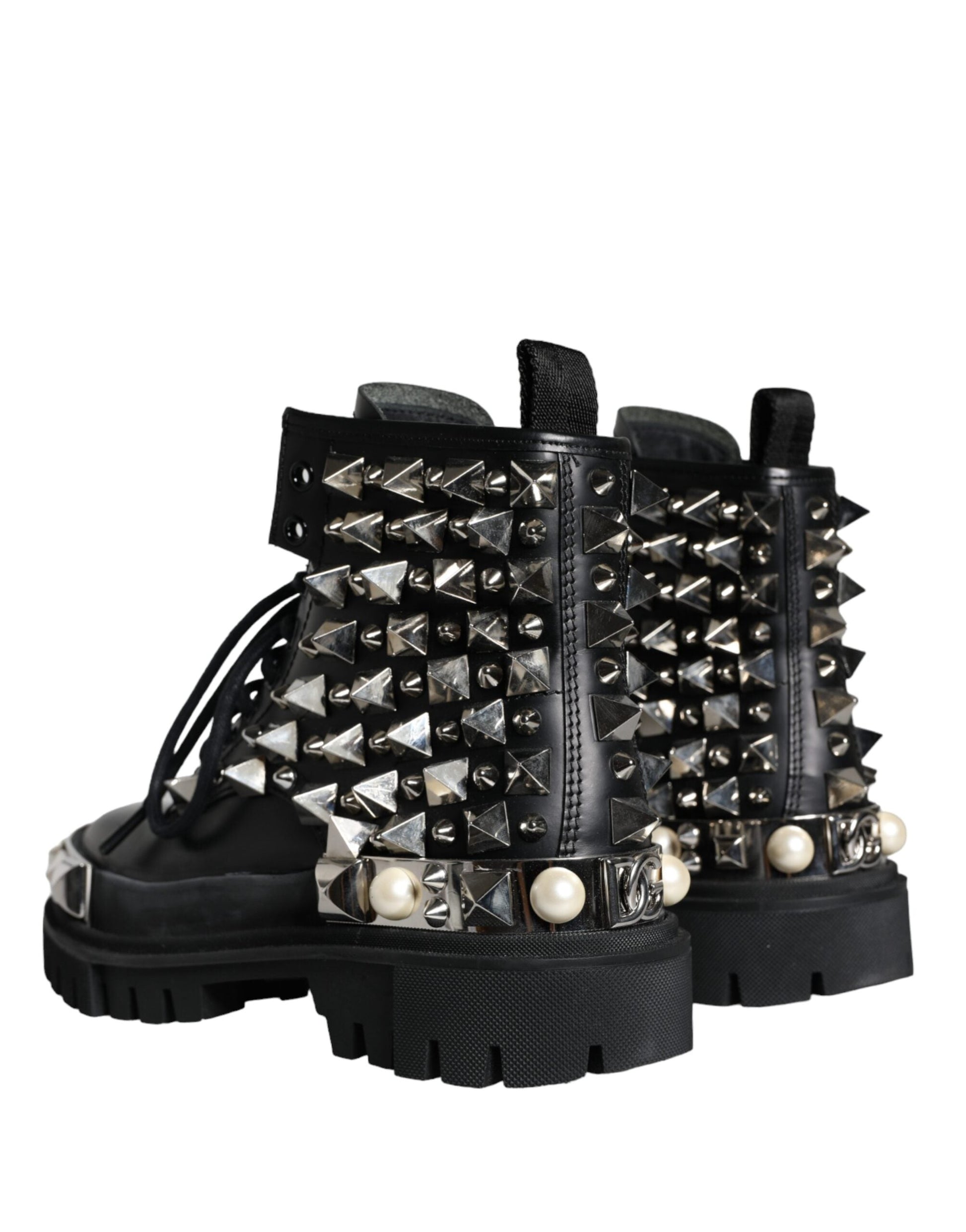 Fashionsarah.com Fashionsarah.com Dolce & Gabbana Black Leather Studs Embellished Combat Boots Shoes