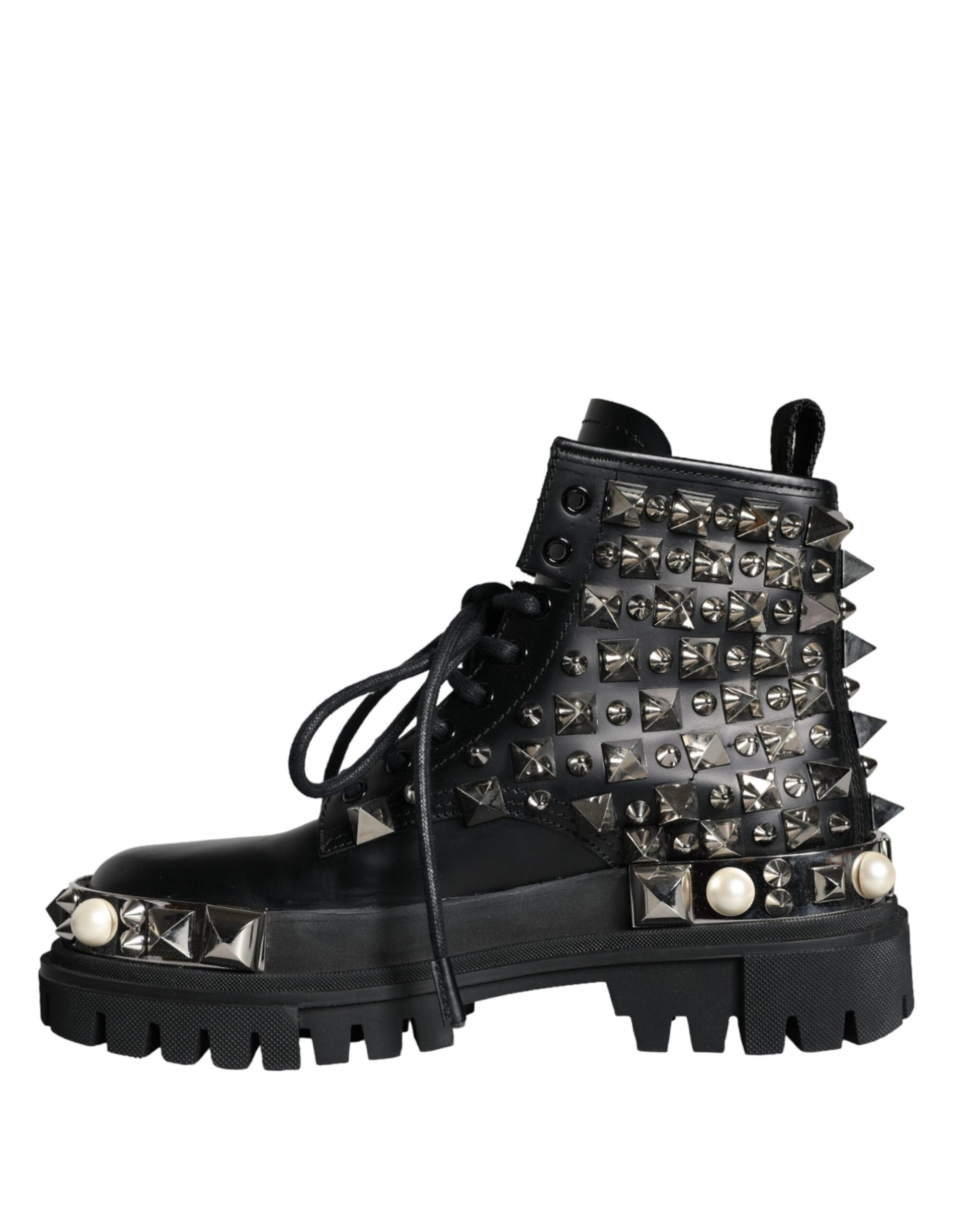 Fashionsarah.com Fashionsarah.com Dolce & Gabbana Black Leather Studs Embellished Combat Boots Shoes