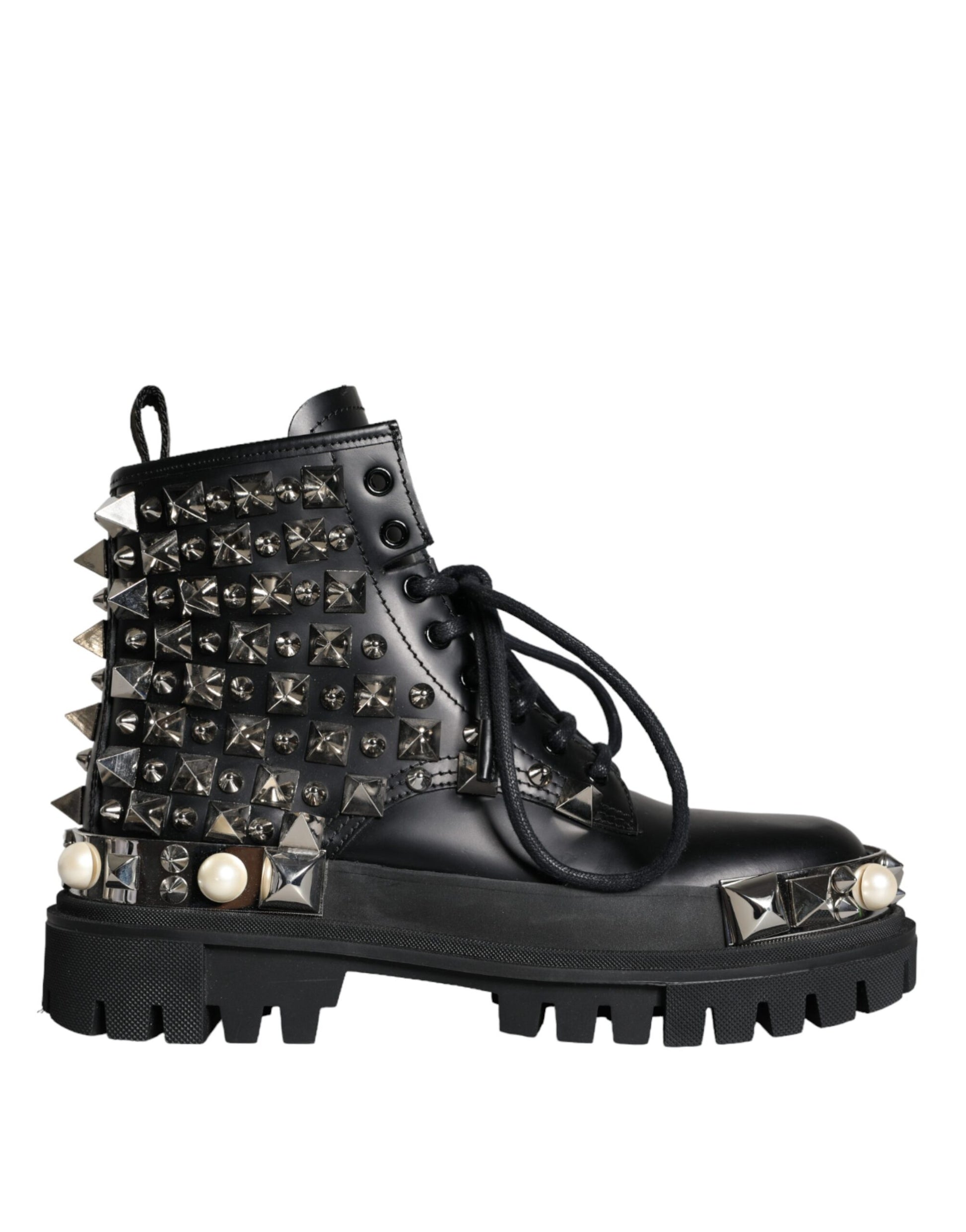 Fashionsarah.com Fashionsarah.com Dolce & Gabbana Black Leather Studs Embellished Combat Boots Shoes