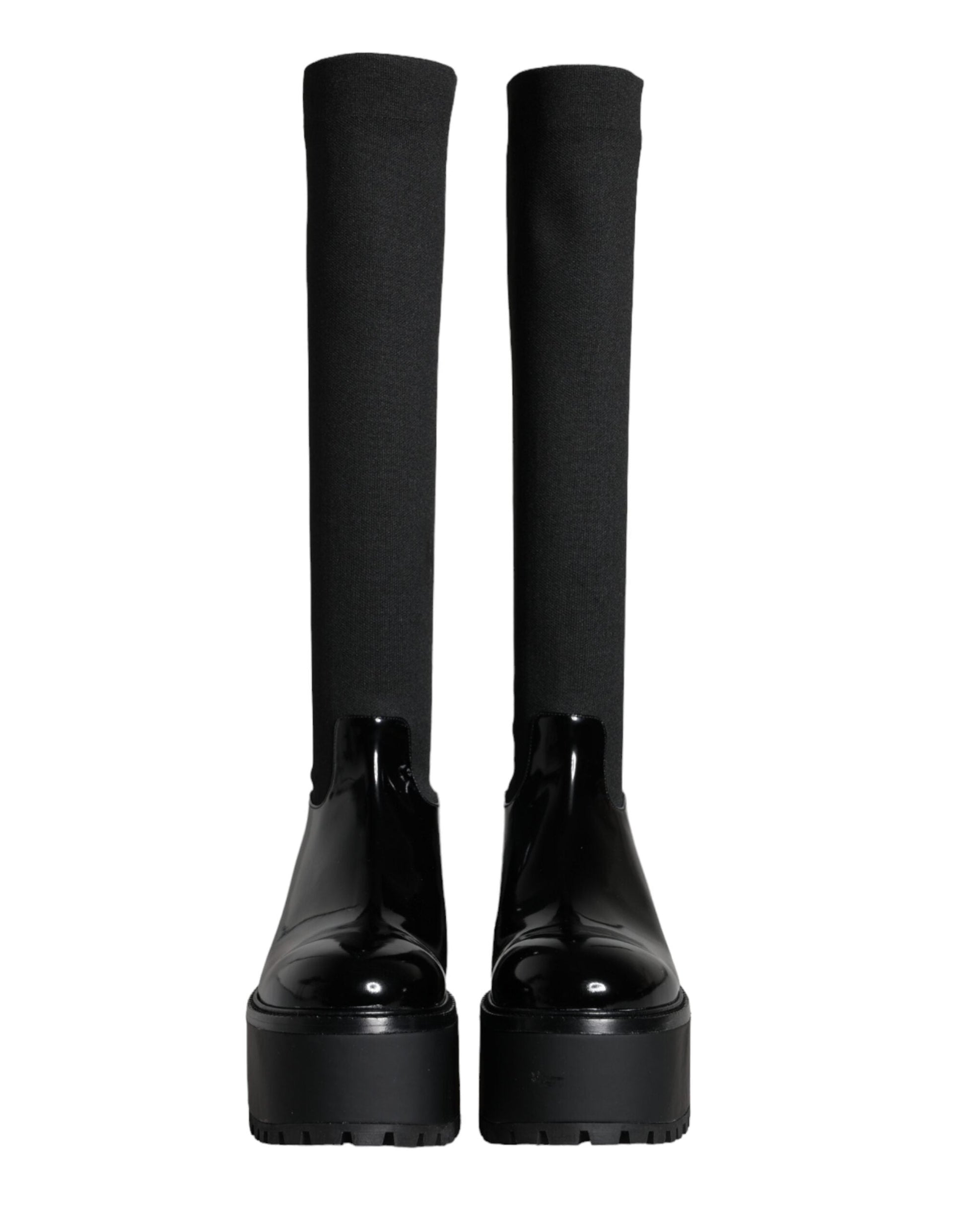 Fashionsarah.com Fashionsarah.com Dolce & Gabbana Black Leather Jersey Knee High Boots Shoes