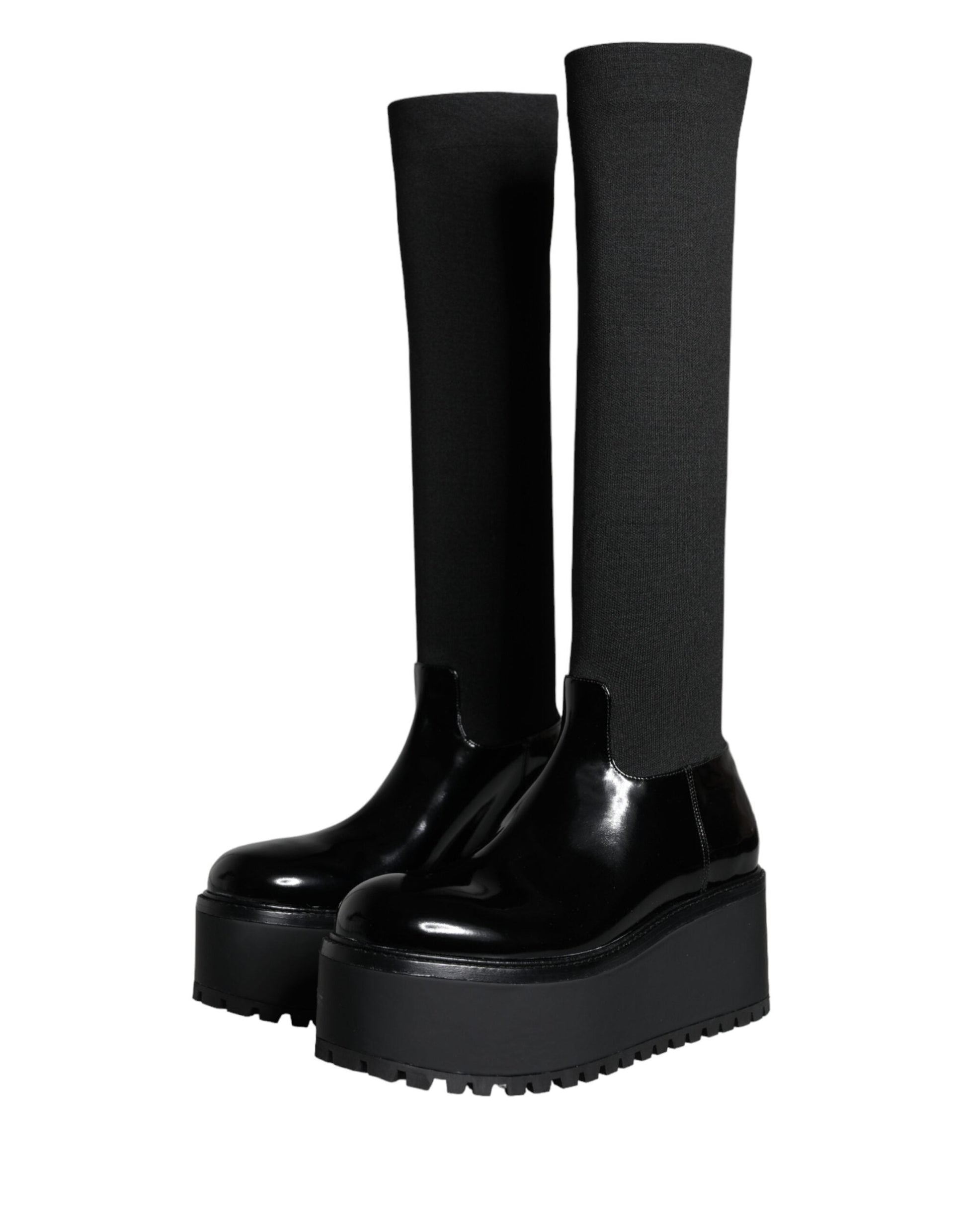 Fashionsarah.com Fashionsarah.com Dolce & Gabbana Black Leather Jersey Knee High Boots Shoes