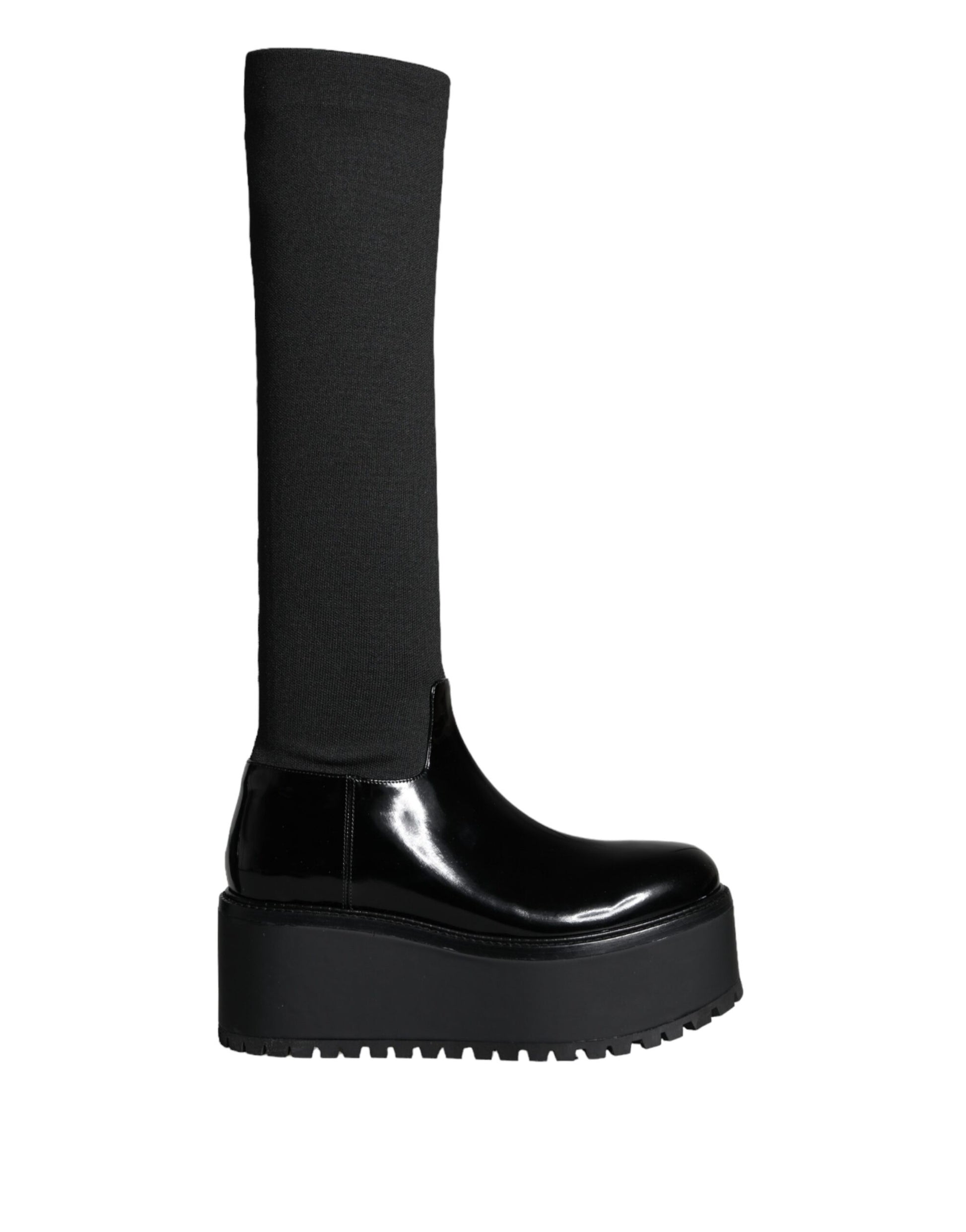 Fashionsarah.com Fashionsarah.com Dolce & Gabbana Black Leather Jersey Knee High Boots Shoes