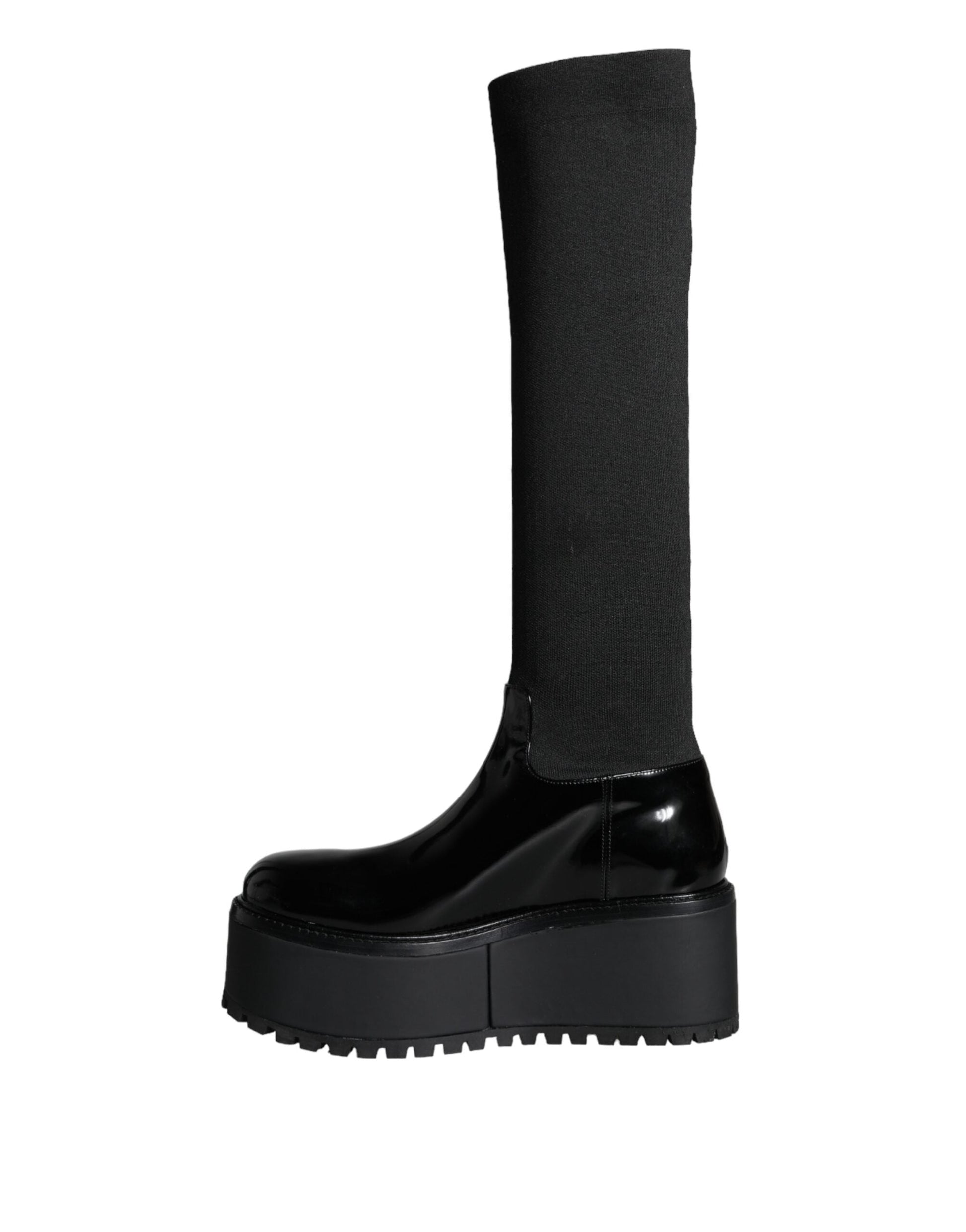 Fashionsarah.com Fashionsarah.com Dolce & Gabbana Black Leather Jersey Knee High Boots Shoes