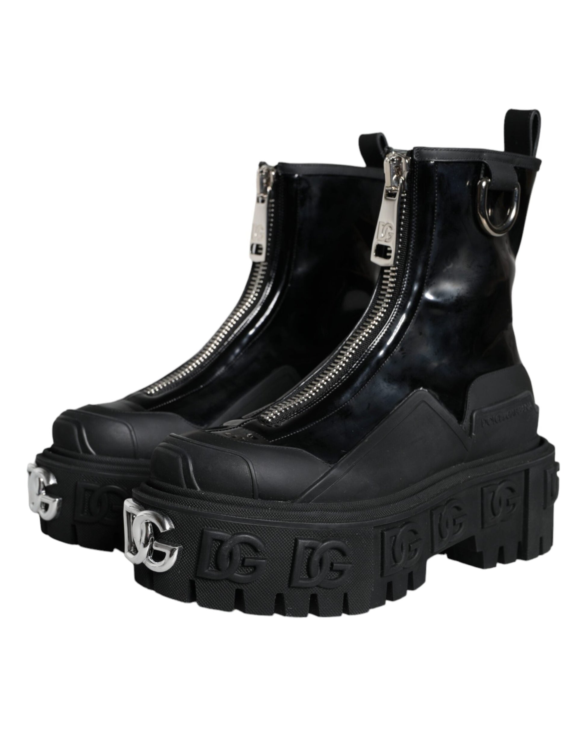 Fashionsarah.com Fashionsarah.com Dolce & Gabbana Black Leather Rubber Logo Ankle Boots Shoes