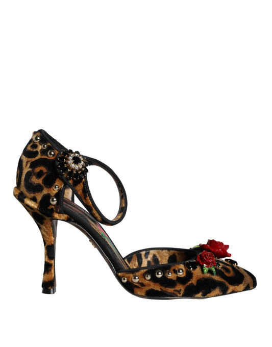 Dolce & Gabbana Brown Leopard Floral Crystal Ankle Strap Pumps Shoes | Fashionsarah.com