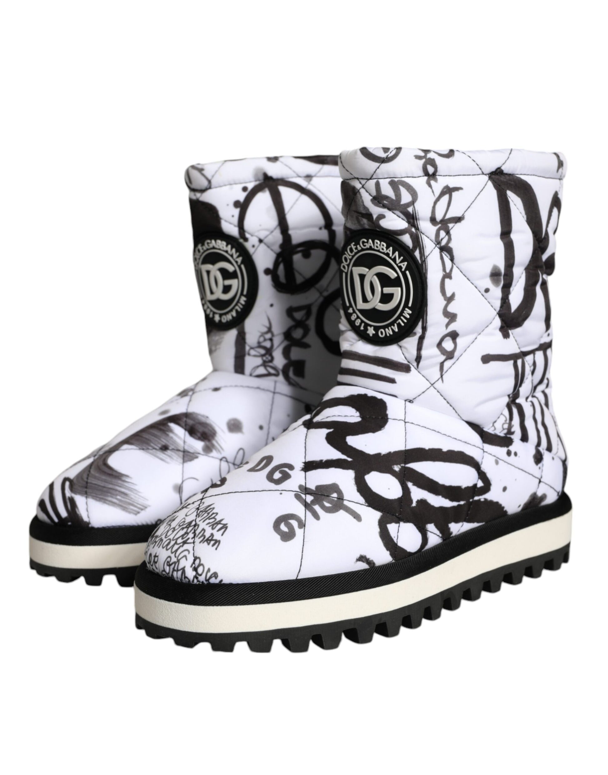 Fashionsarah.com Fashionsarah.com Dolce & Gabbana White Padded Logo Print Mid Calf Boots Shoes