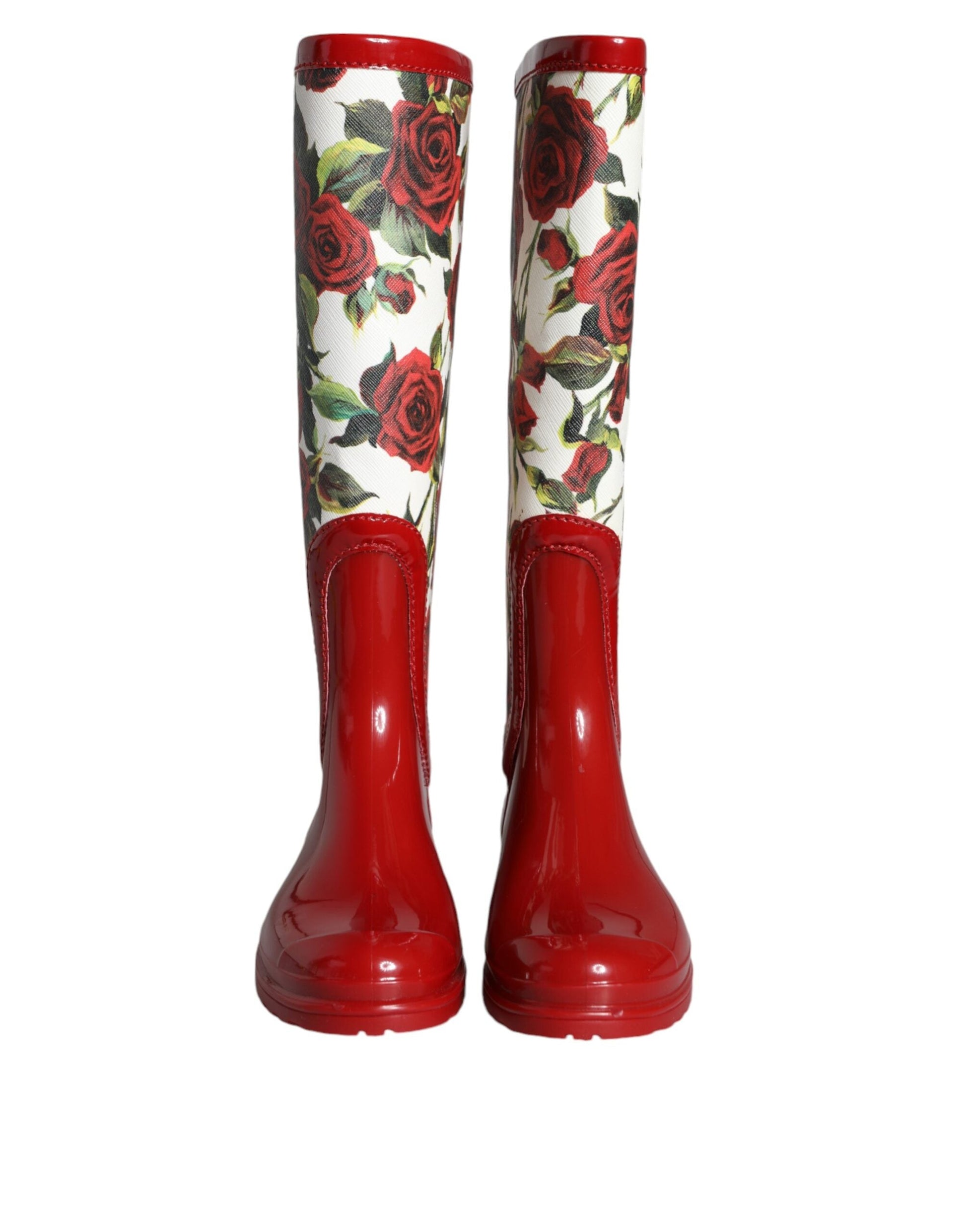 Fashionsarah.com Fashionsarah.com Dolce & Gabbana Red Floral Rubber Knee High Flat Boots Shoes