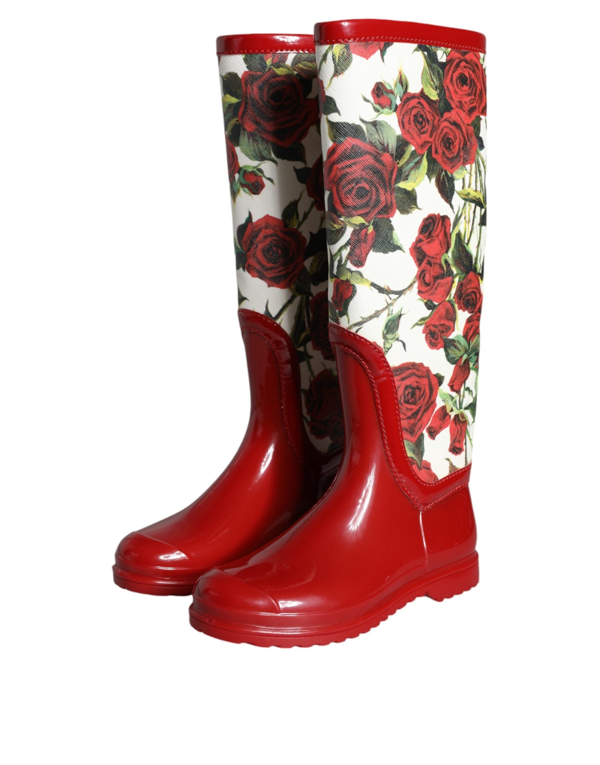 Fashionsarah.com Fashionsarah.com Dolce & Gabbana Red Floral Rubber Knee High Flat Boots Shoes