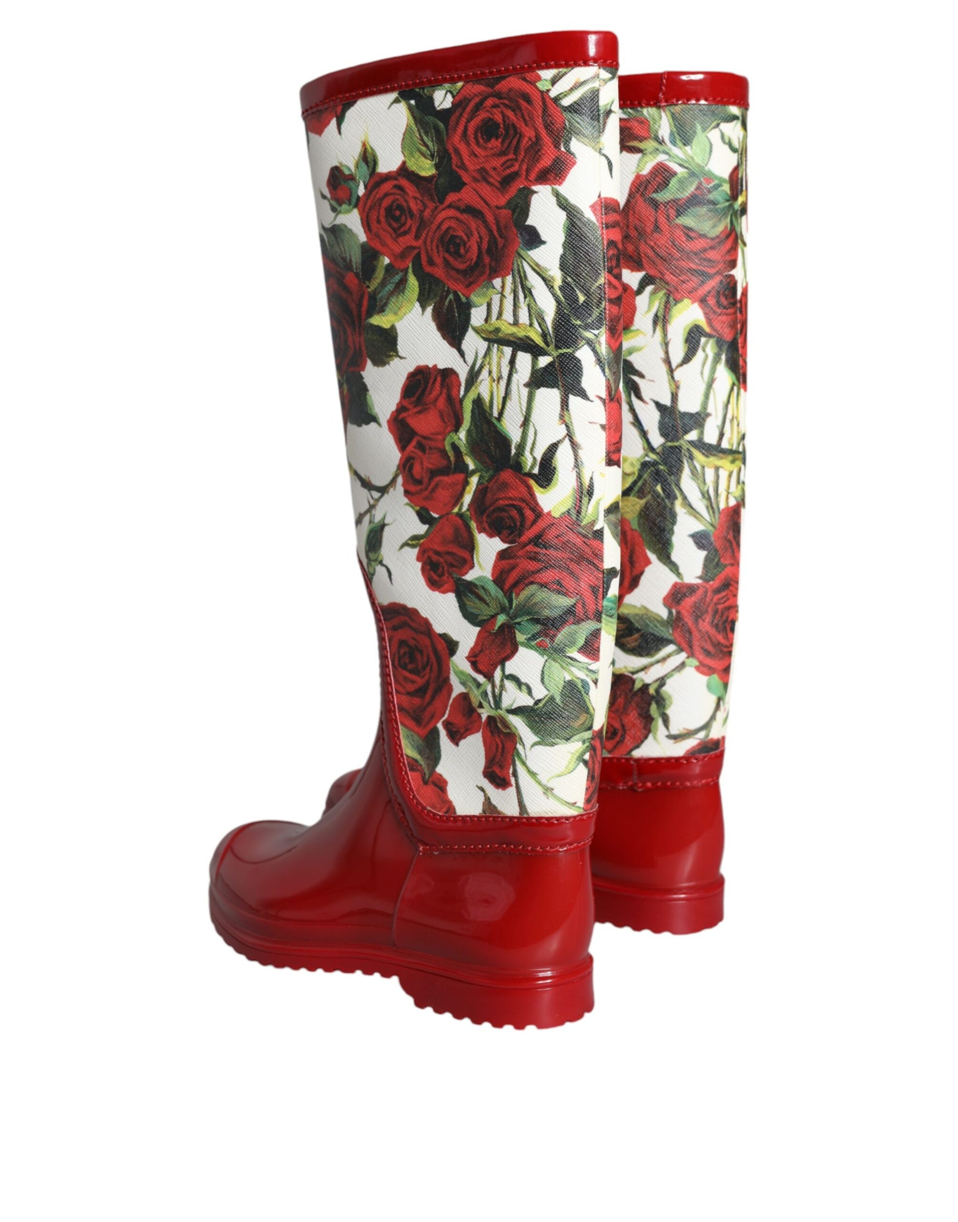 Fashionsarah.com Fashionsarah.com Dolce & Gabbana Red Floral Rubber Knee High Flat Boots Shoes