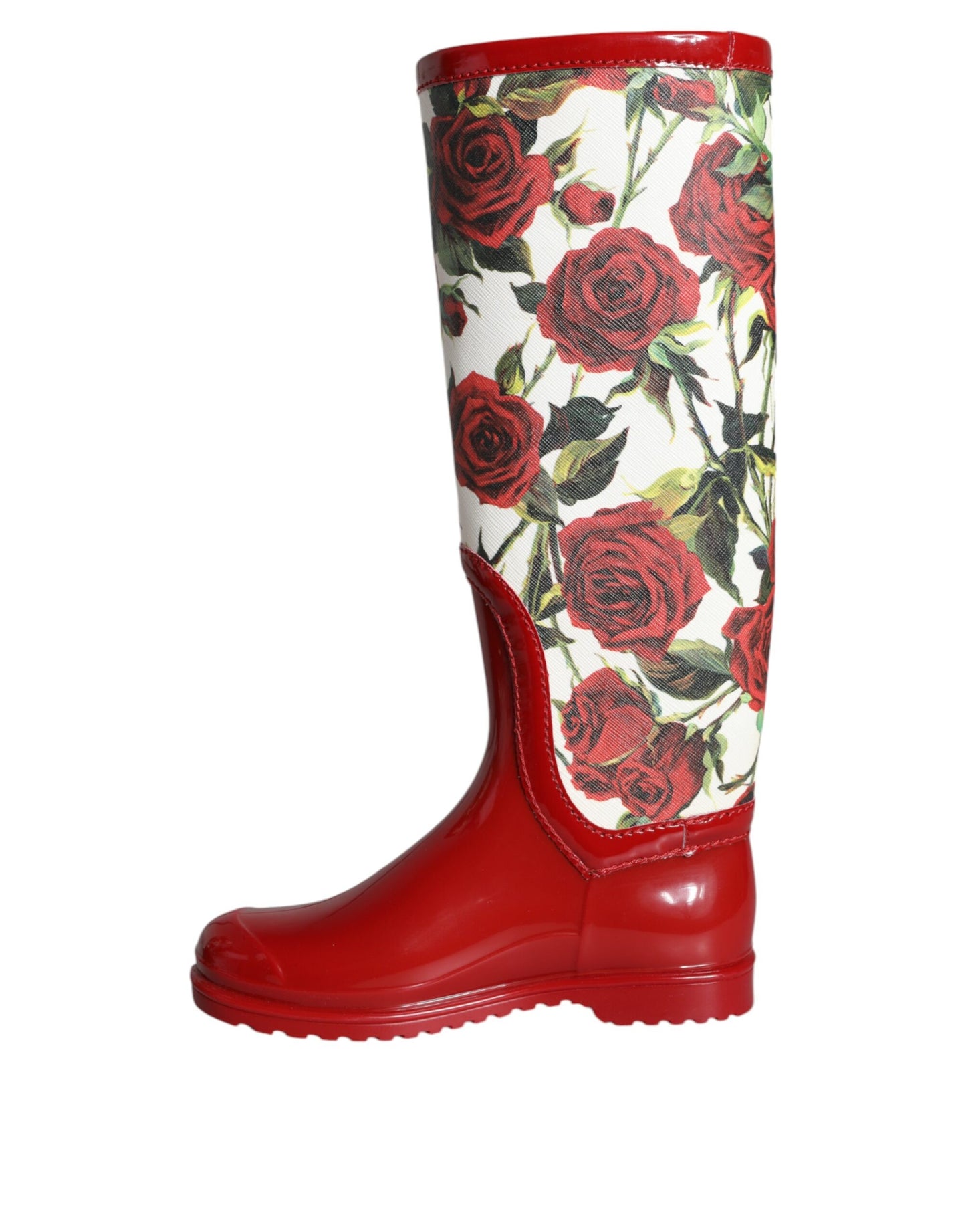 Fashionsarah.com Fashionsarah.com Dolce & Gabbana Red Floral Rubber Knee High Flat Boots Shoes