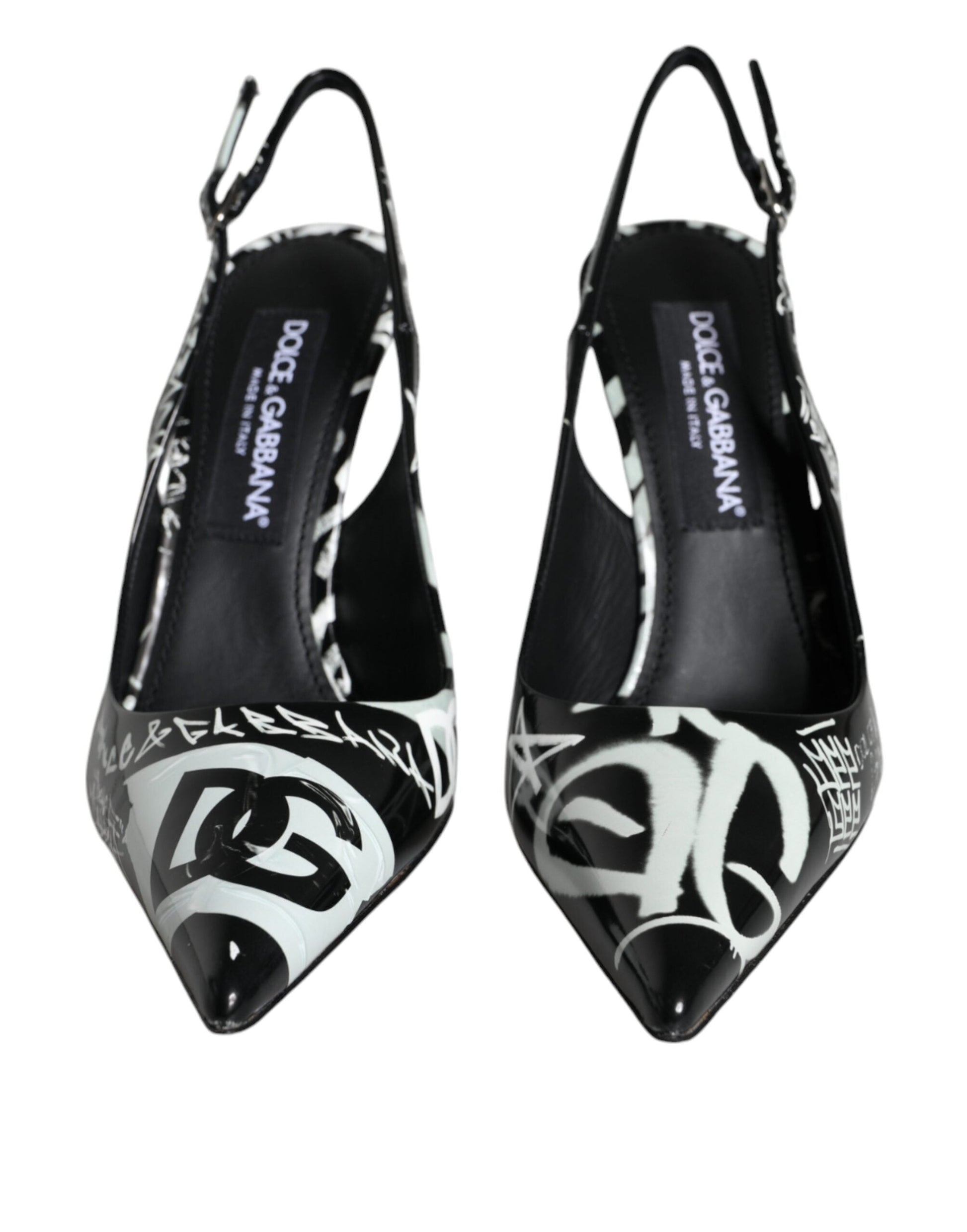 Dolce & Gabbana Black Graffiti Leather Slingback Heels Pumps Shoes | Fashionsarah.com