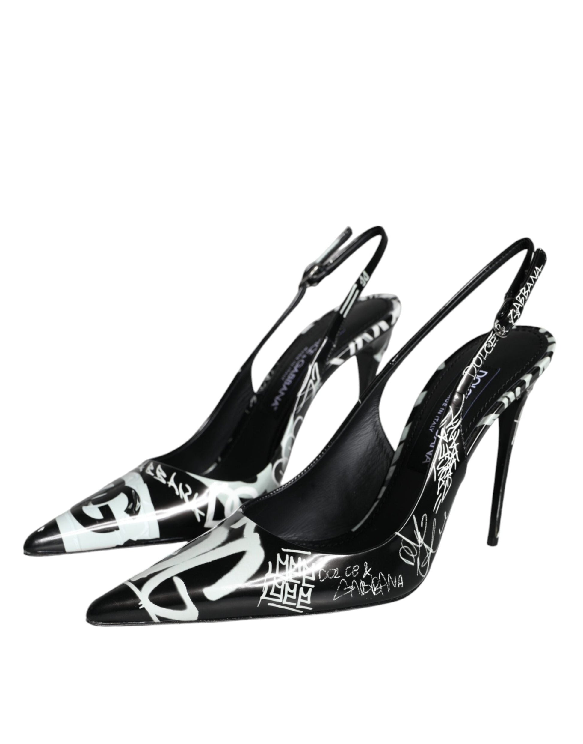 Dolce & Gabbana Black Graffiti Leather Slingback Heels Pumps Shoes | Fashionsarah.com