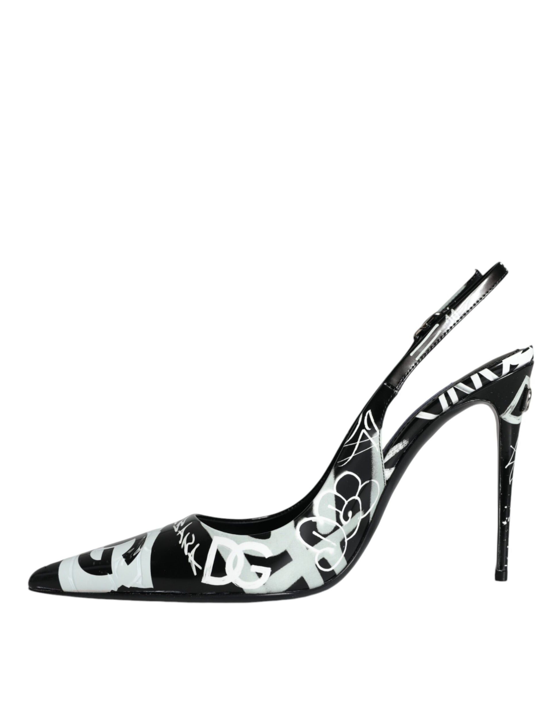 Dolce & Gabbana Black Graffiti Leather Slingback Heels Pumps Shoes | Fashionsarah.com