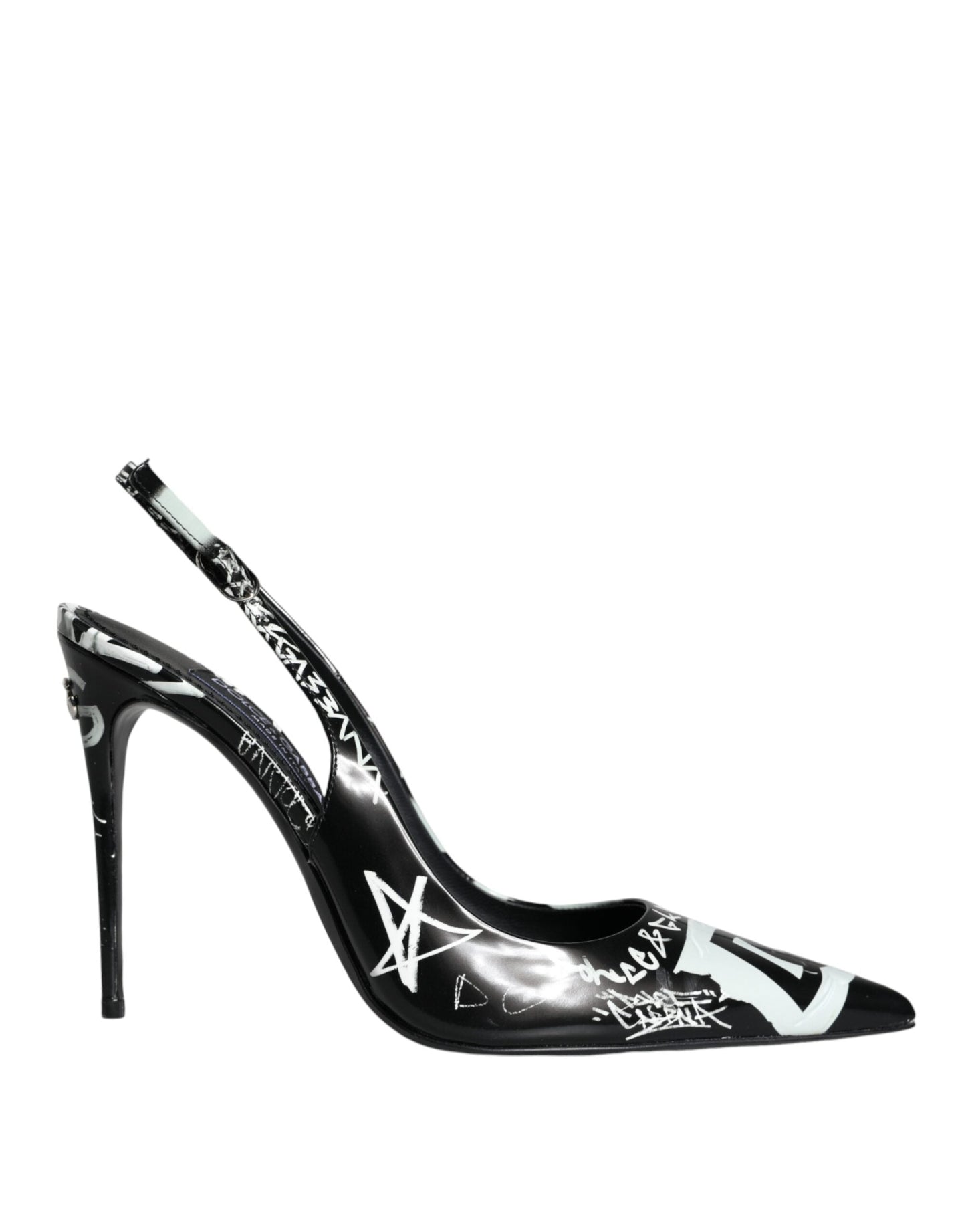 Dolce & Gabbana Black Graffiti Leather Slingback Heels Pumps Shoes | Fashionsarah.com