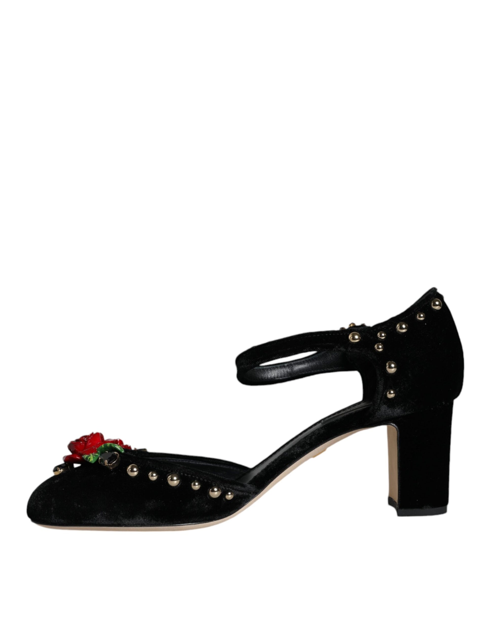 Fashionsarah.com Fashionsarah.com Dolce & Gabbana Black Velvet Roses Ankle Strap Pumps Shoes