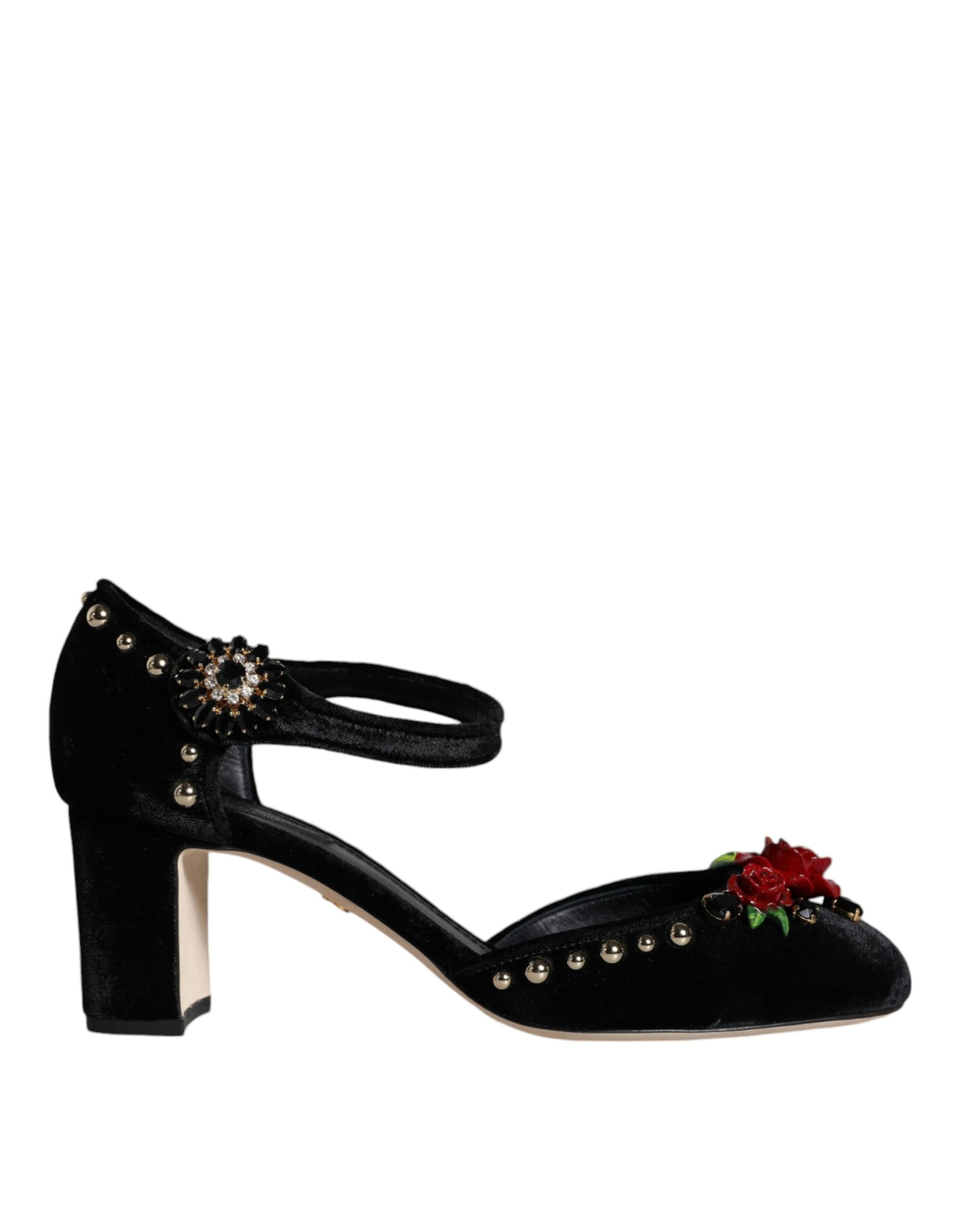 Fashionsarah.com Fashionsarah.com Dolce & Gabbana Black Velvet Roses Ankle Strap Pumps Shoes