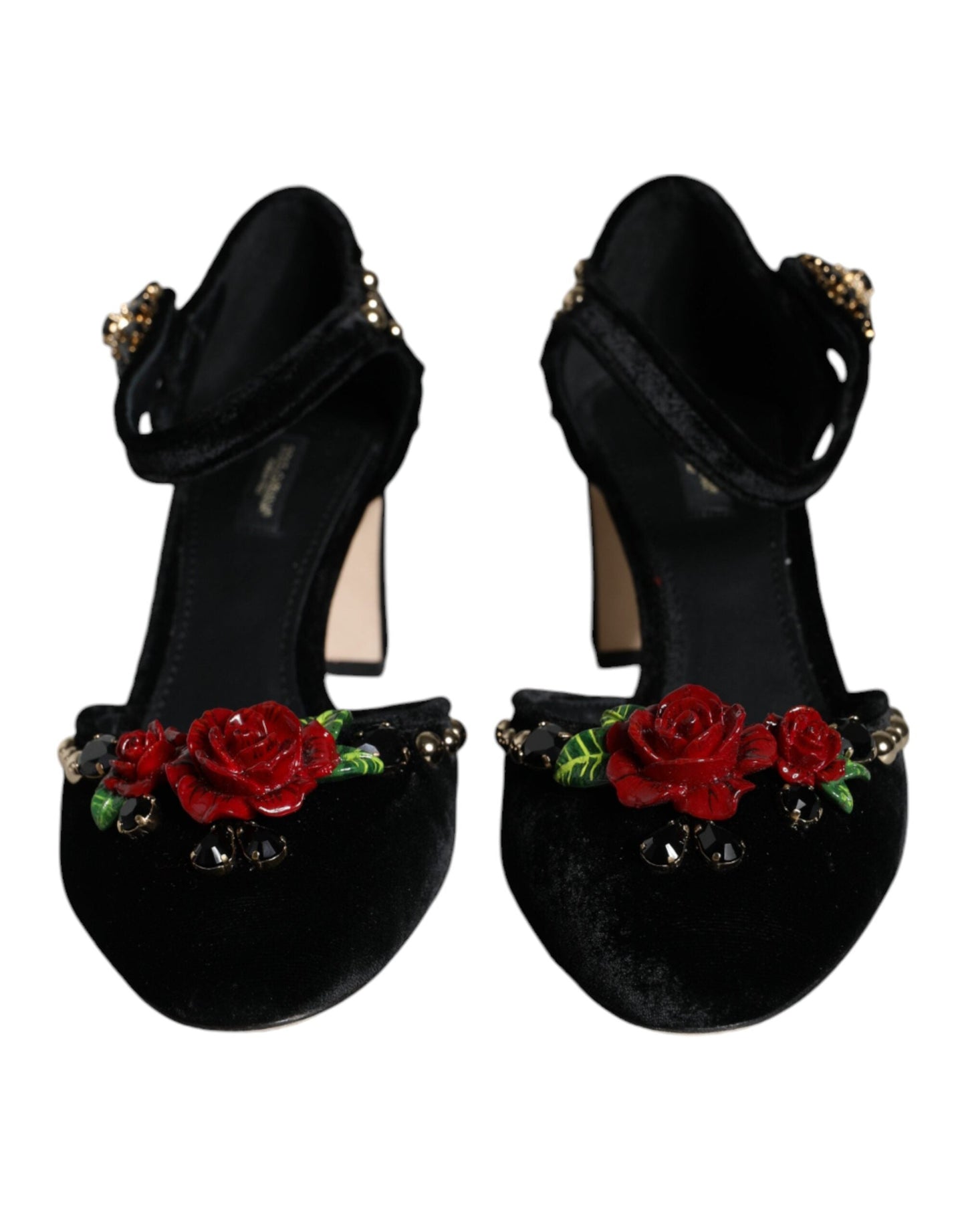 Fashionsarah.com Fashionsarah.com Dolce & Gabbana Black Velvet Roses Ankle Strap Pumps Shoes