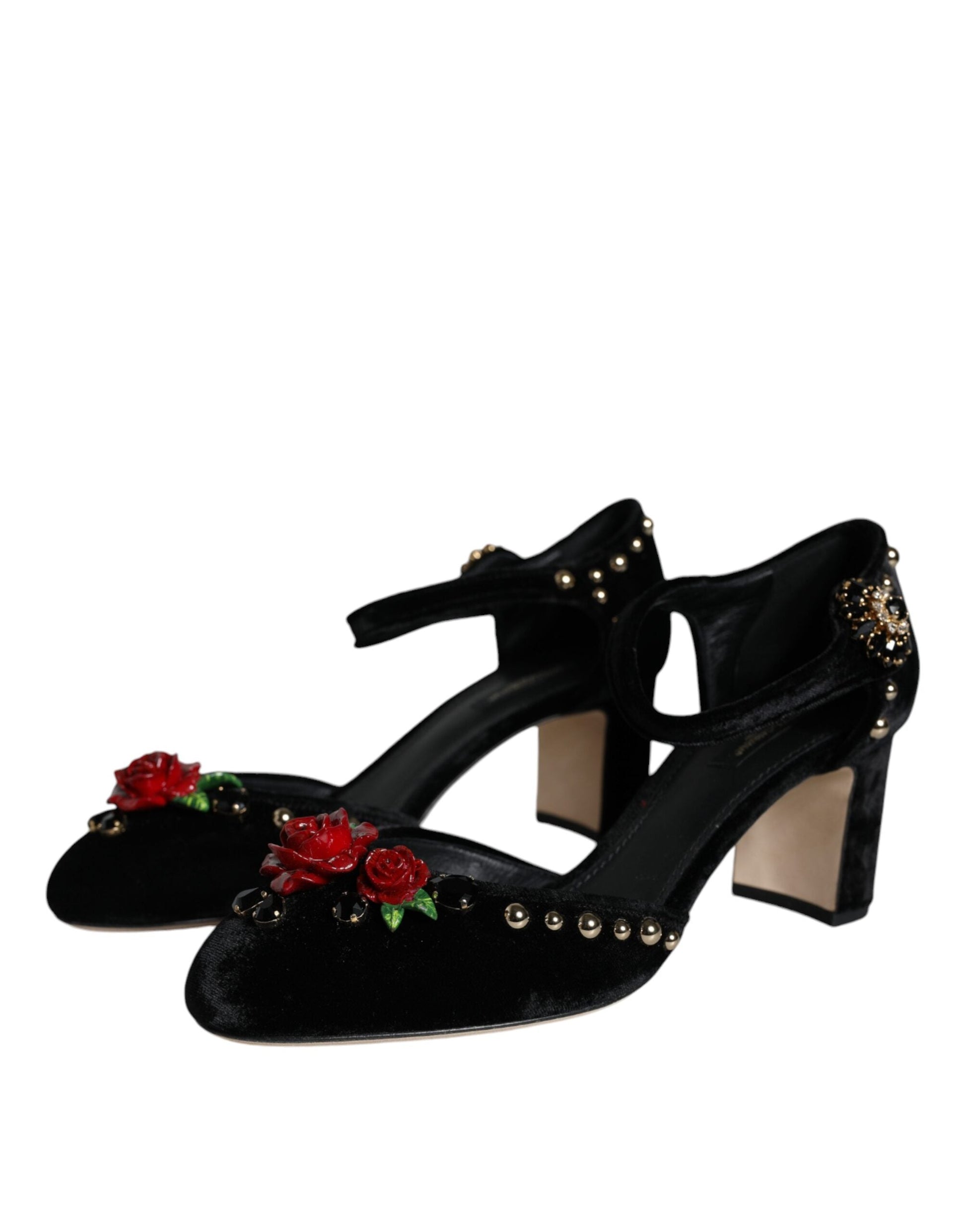 Fashionsarah.com Fashionsarah.com Dolce & Gabbana Black Velvet Roses Ankle Strap Pumps Shoes