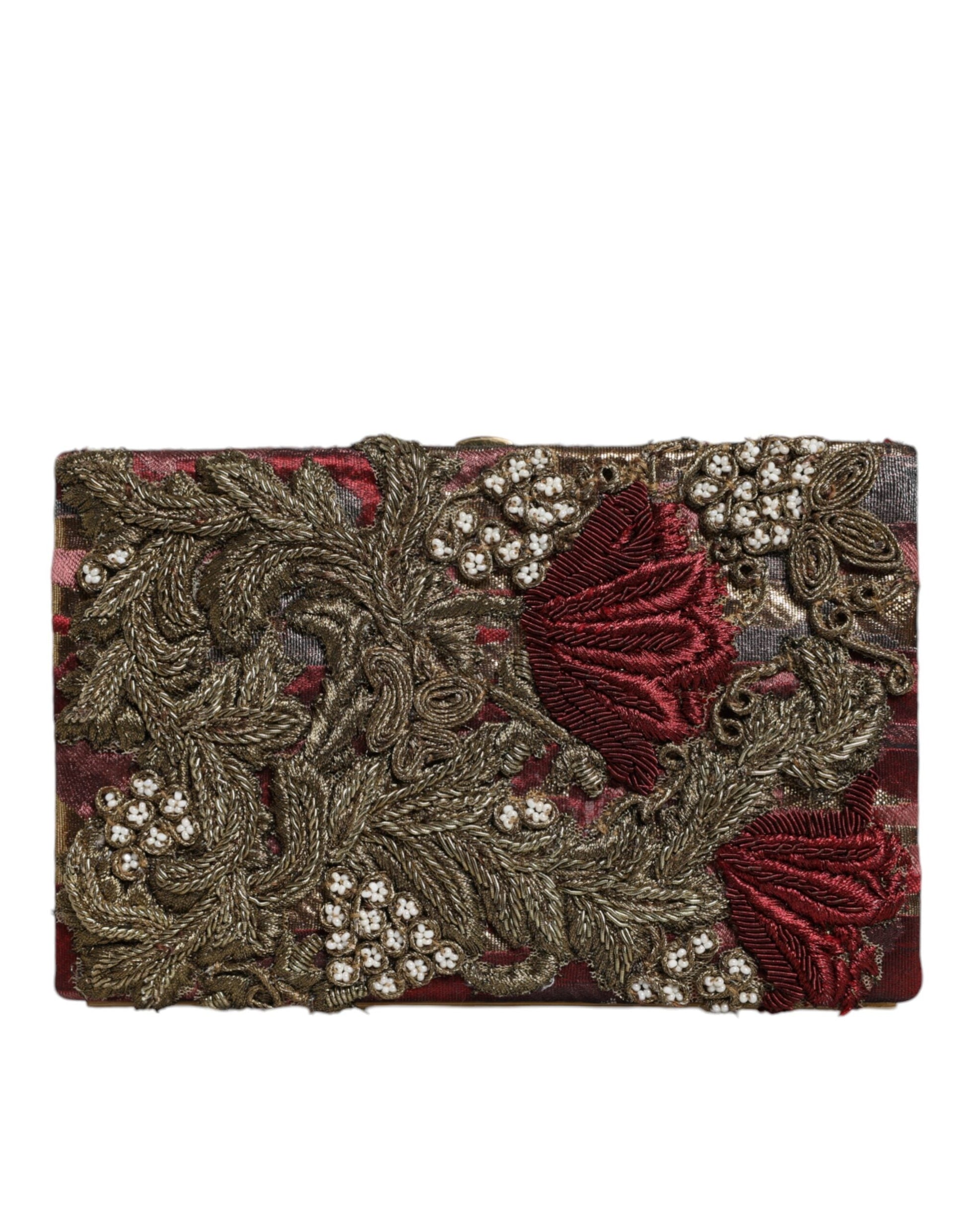 Fashionsarah.com Fashionsarah.com Dolce & Gabbana Maroon Gold Floral Jacquard Gold Frame Clutch Evening Purse Bag