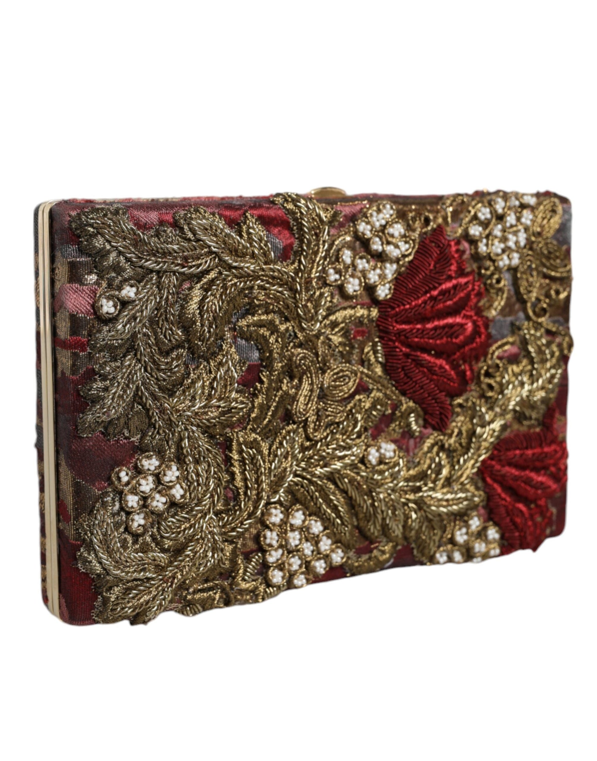 Fashionsarah.com Fashionsarah.com Dolce & Gabbana Maroon Gold Floral Jacquard Gold Frame Clutch Evening Purse Bag