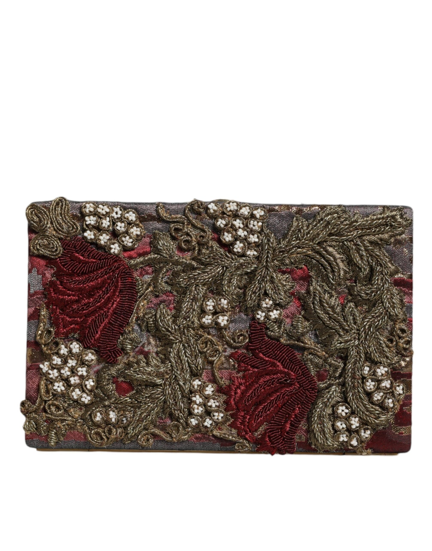 Fashionsarah.com Fashionsarah.com Dolce & Gabbana Maroon Gold Floral Jacquard Gold Frame Clutch Evening Purse Bag