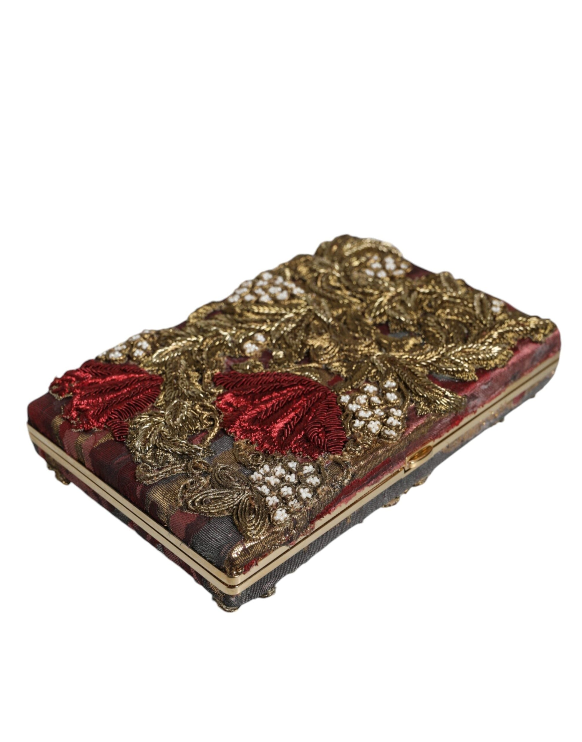 Fashionsarah.com Fashionsarah.com Dolce & Gabbana Maroon Gold Floral Jacquard Gold Frame Clutch Evening Purse Bag