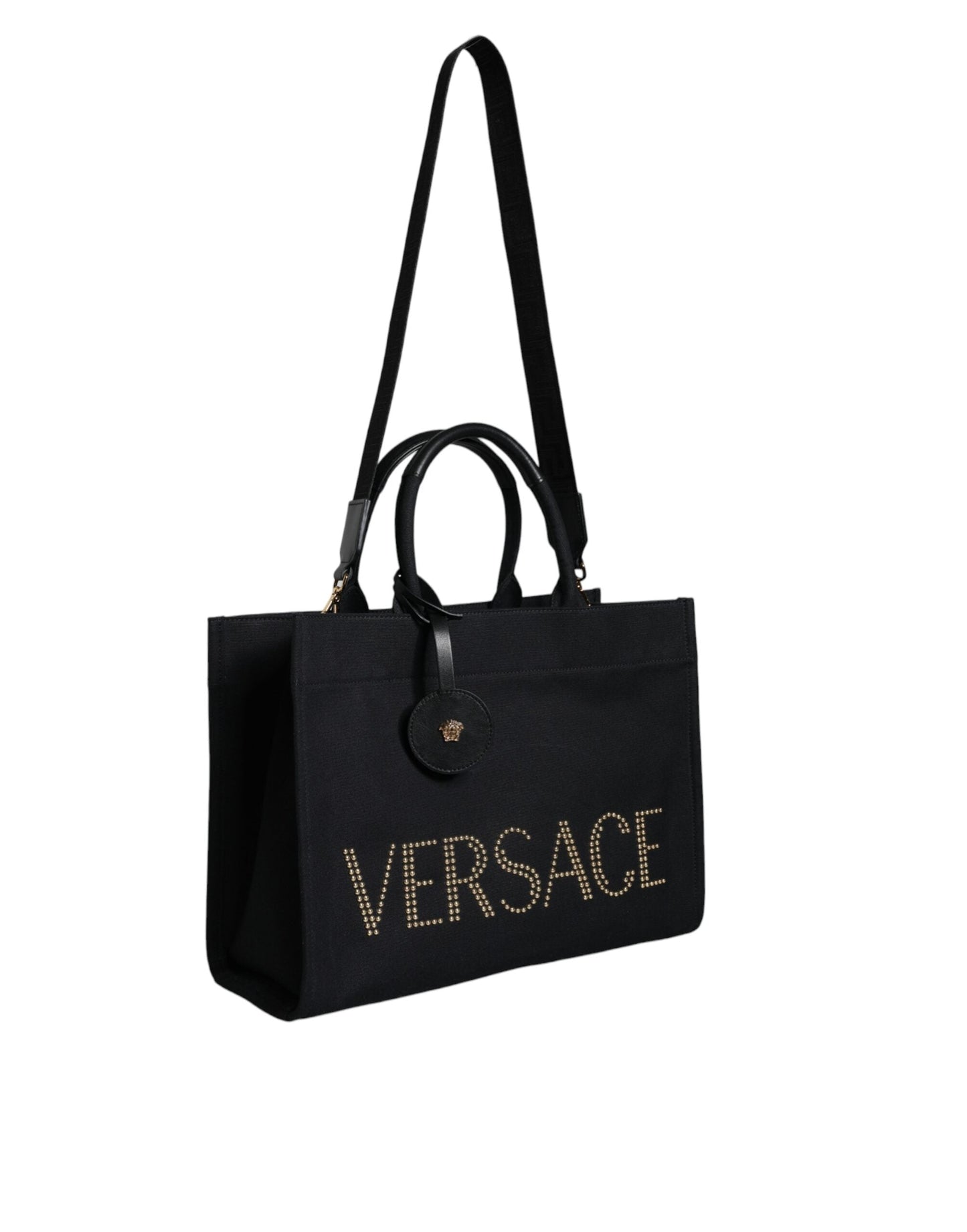 Fashionsarah.com Fashionsarah.com Versace Black Top Handle Canvas Leather Logo Crossbody Tote Bag