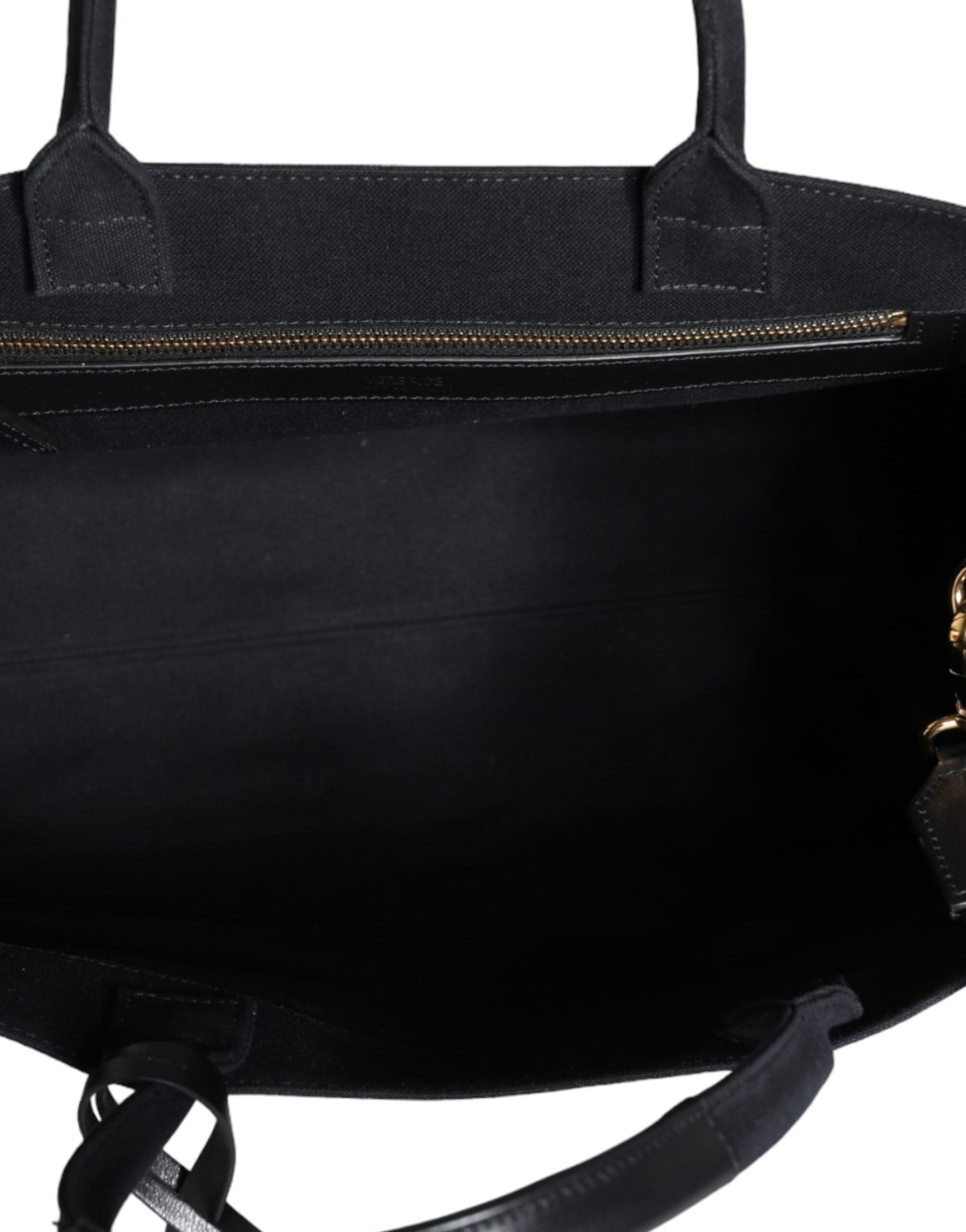 Fashionsarah.com Fashionsarah.com Versace Black Top Handle Canvas Leather Logo Crossbody Tote Bag