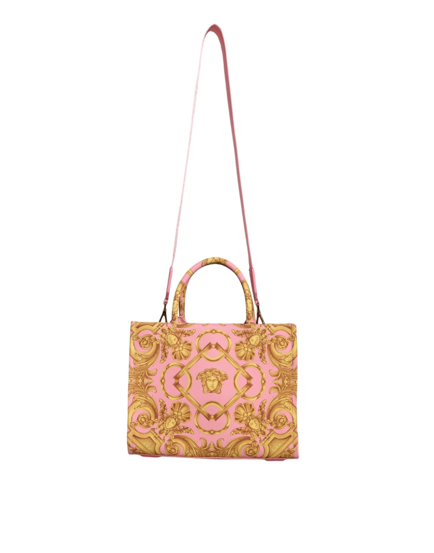 Fashionsarah.com Fashionsarah.com Versace Pink Yellow Baroque Fabric Leather Shopping Tote Bag