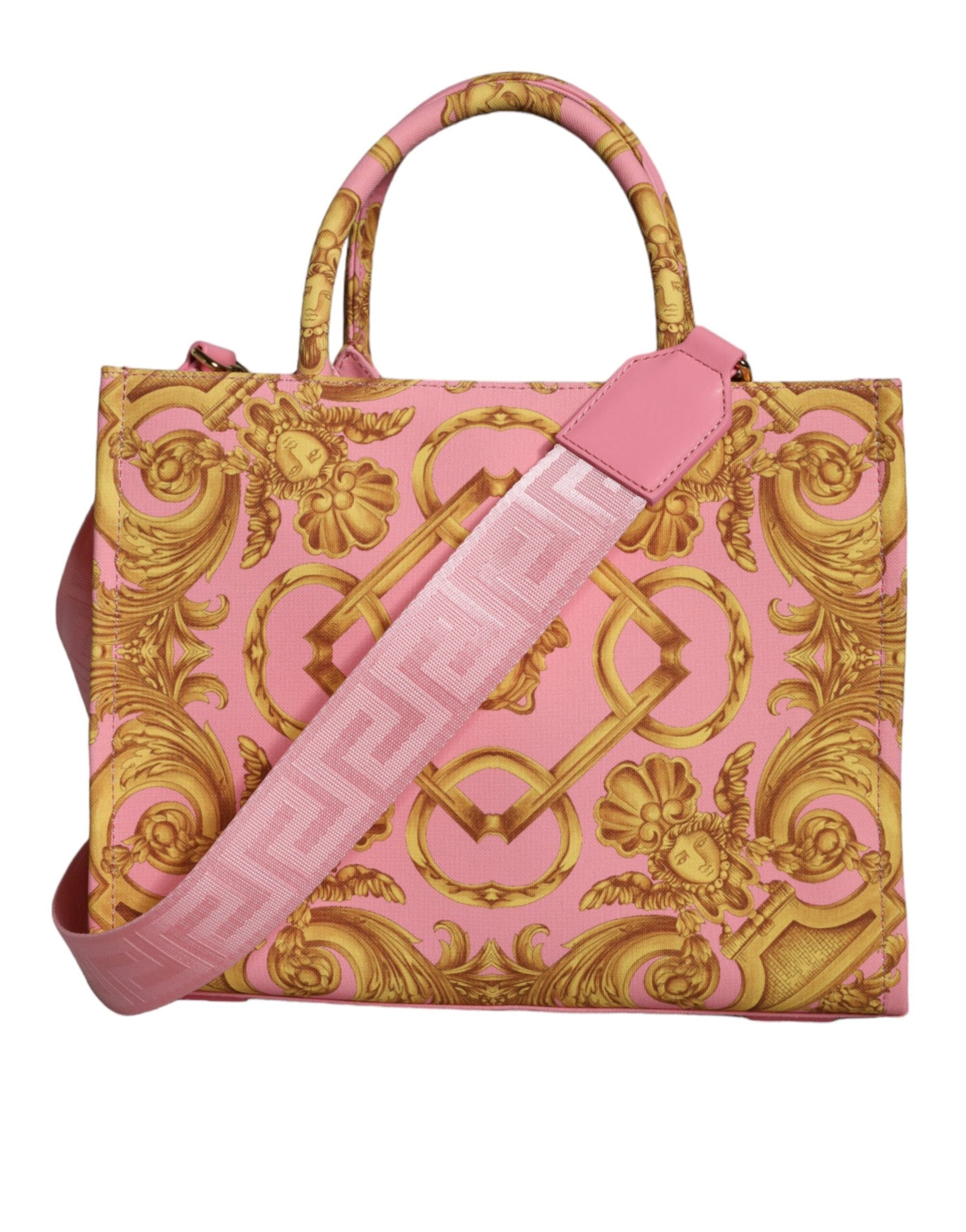 Fashionsarah.com Fashionsarah.com Versace Pink Yellow Baroque Fabric Leather Shopping Tote Bag